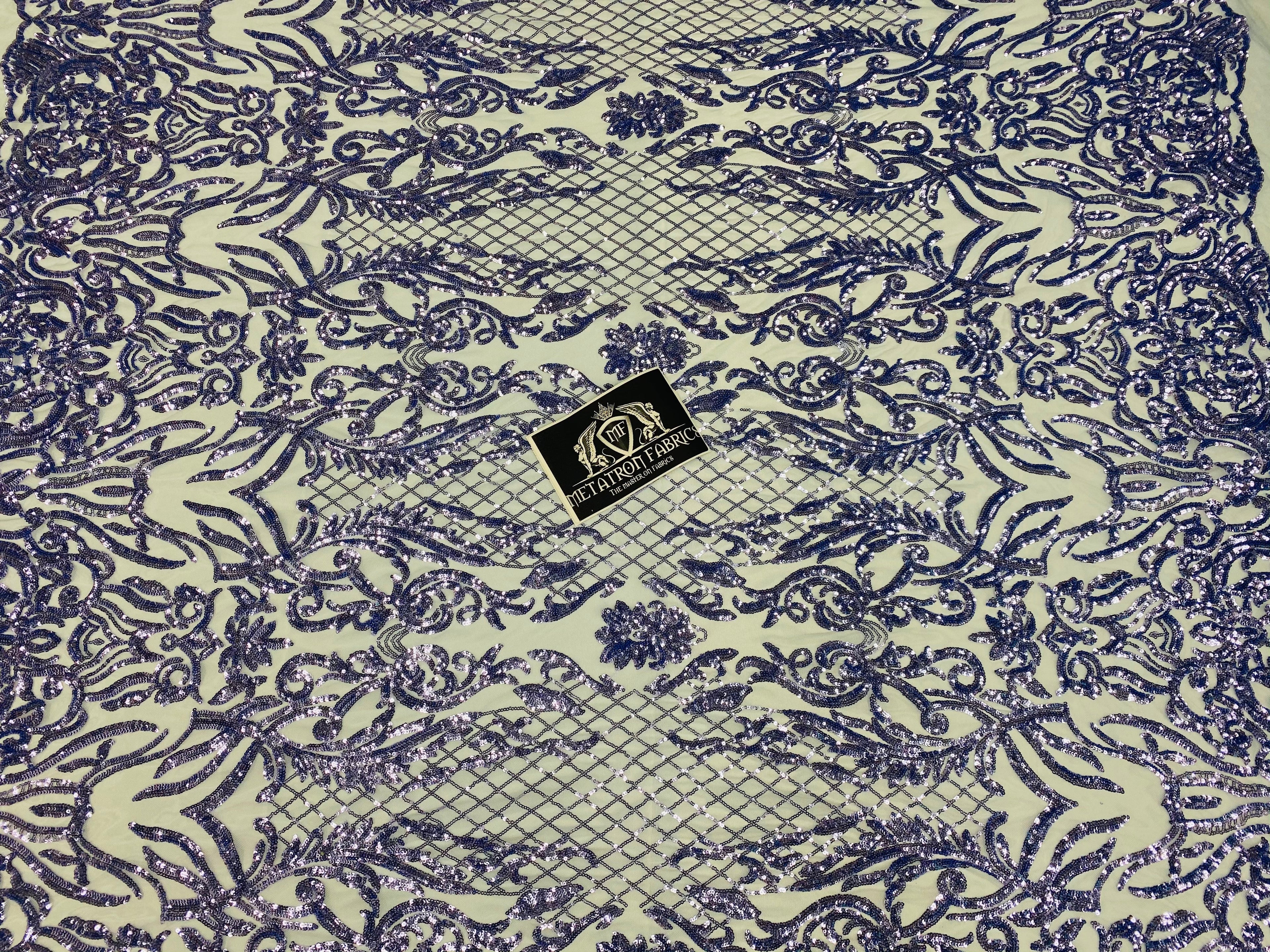 4 Way Stretch Fabric - Blue - Sequins Design on Spandex Mesh Fashion Fabric