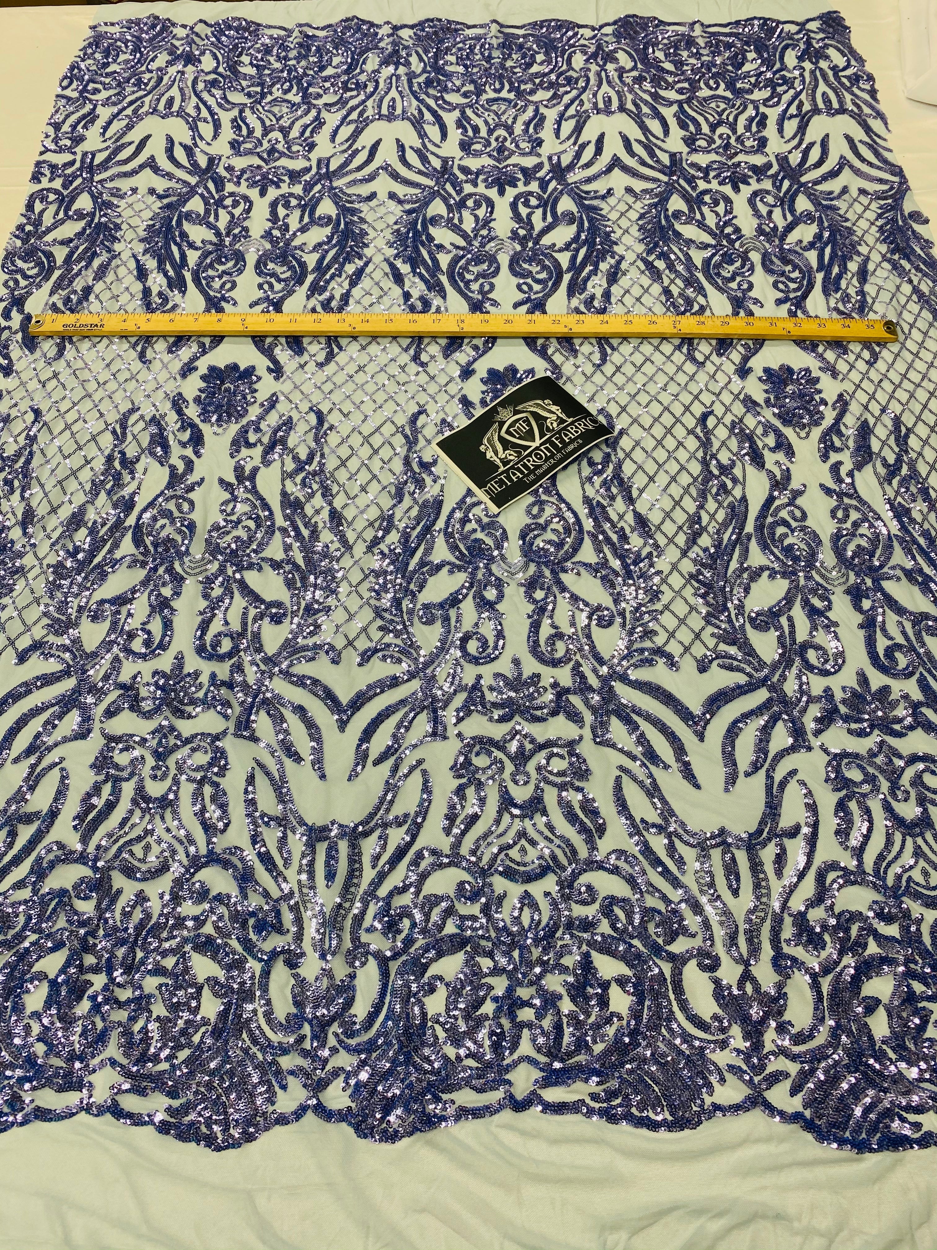 4 Way Stretch Fabric - Blue - Sequins Design on Spandex Mesh Fashion Fabric