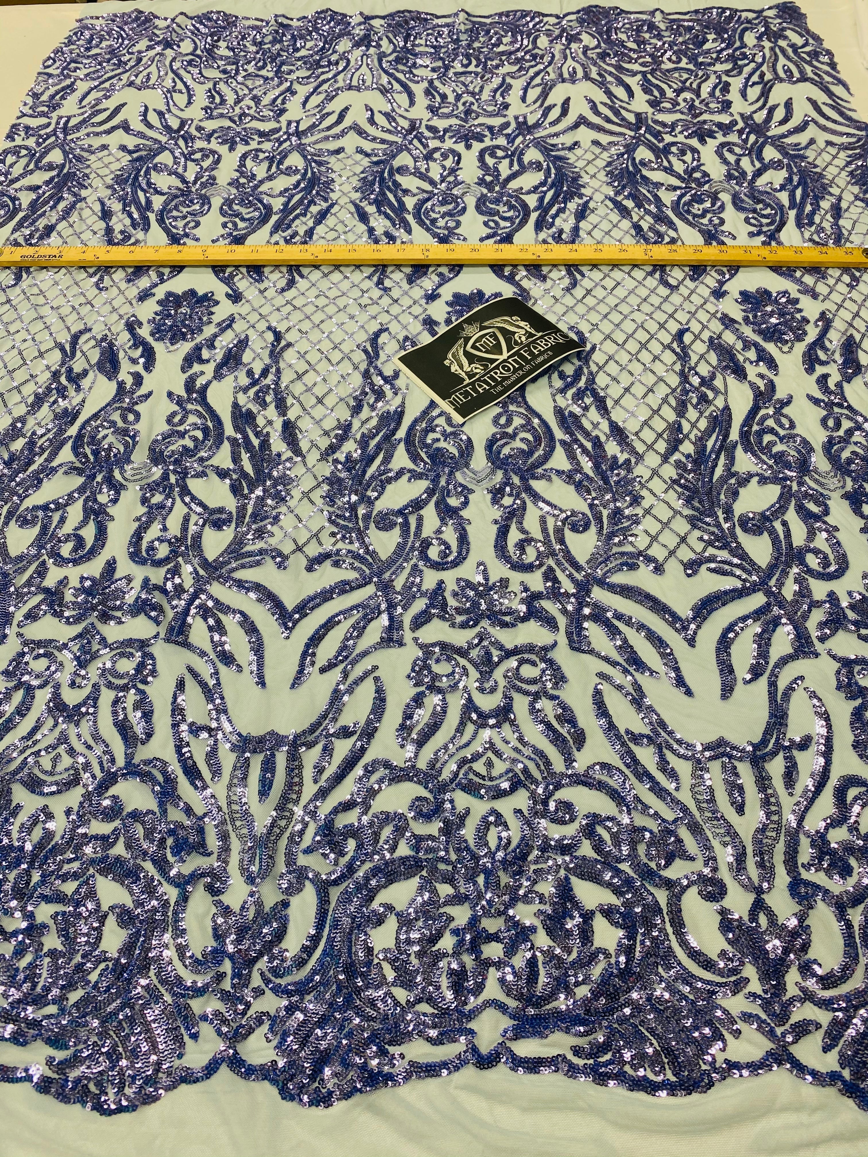 4 Way Stretch Fabric - Blue - Sequins Design on Spandex Mesh Fashion Fabric