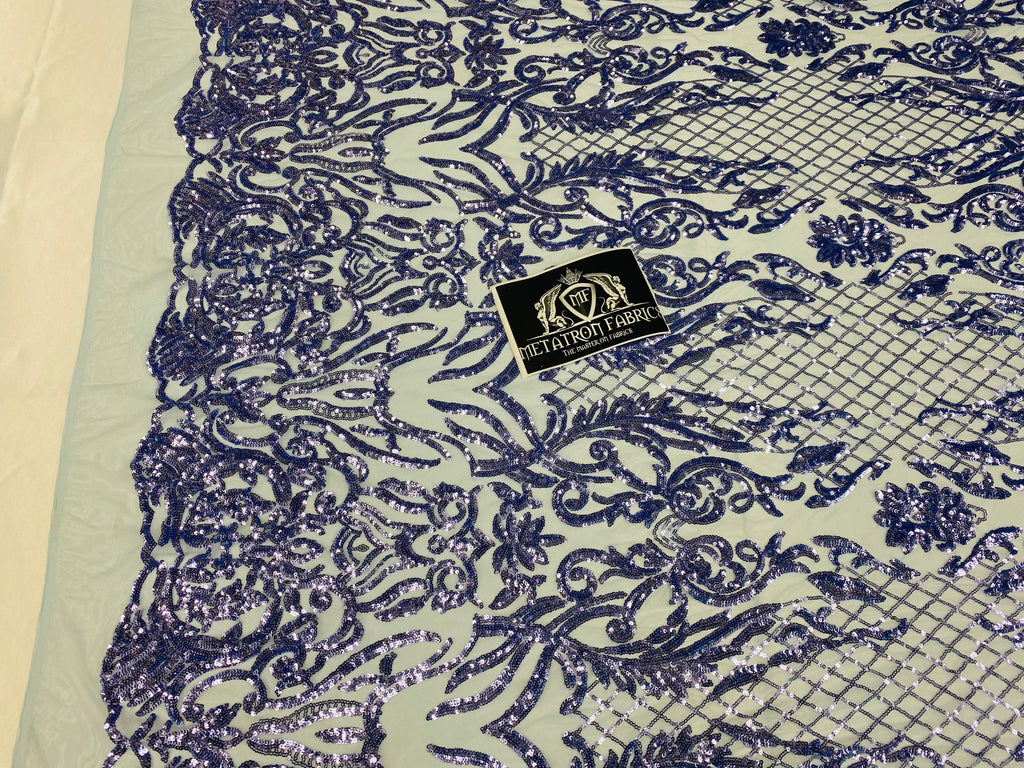 4 Way Stretch Fabric - Blue - Sequins Design on Spandex Mesh Fashion Fabric