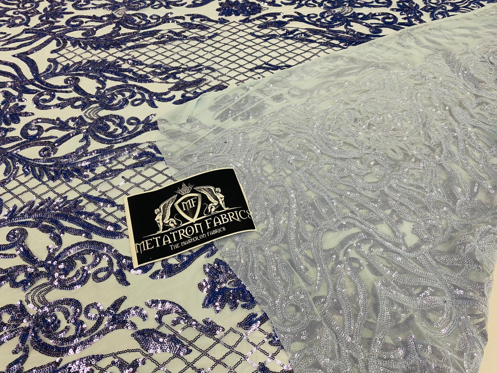 4 Way Stretch Fabric - Blue - Sequins Design on Spandex Mesh Fashion Fabric