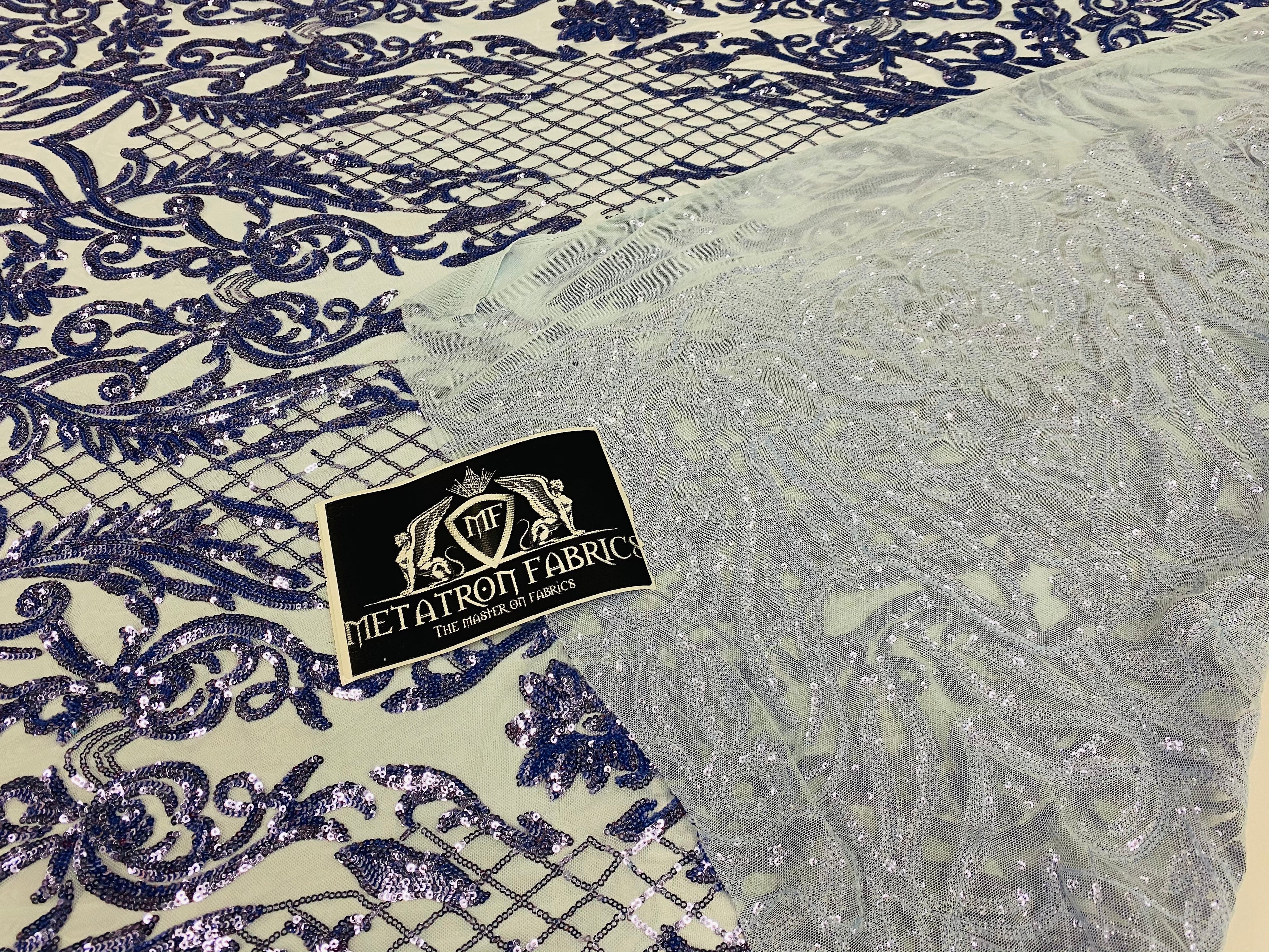 4 Way Stretch Fabric - Blue - Sequins Design on Spandex Mesh Fashion Fabric