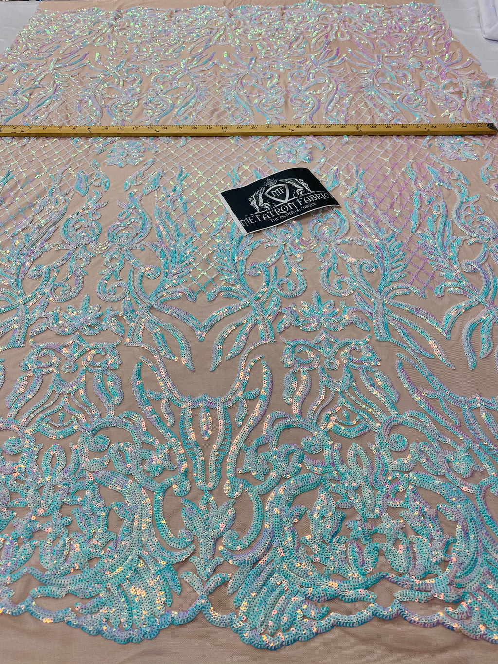 4 Way Stretch Fabric - Iridescent Aqua/ Pink - Sequins Design on Spandex Mesh Fashion Fabric