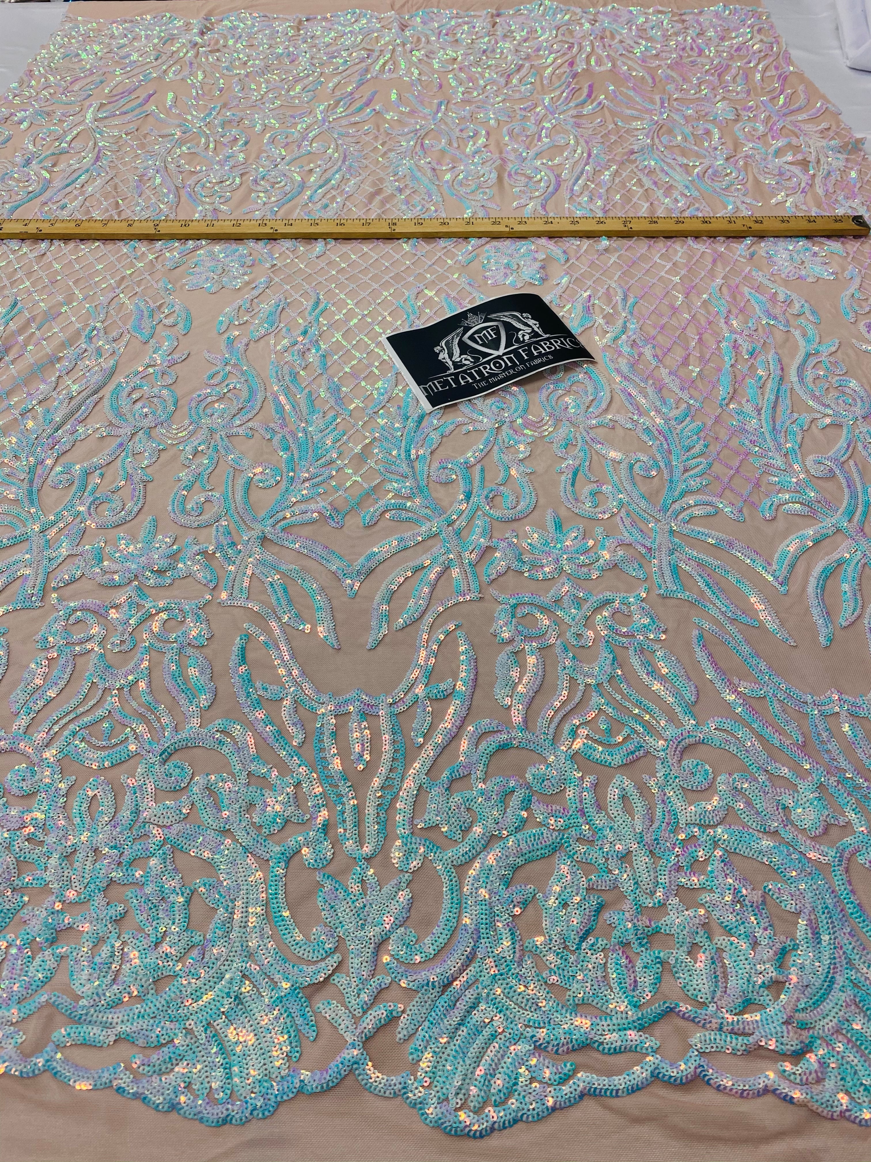 4 Way Stretch Fabric - Iridescent Aqua/ Pink - Sequins Design on Spandex Mesh Fashion Fabric