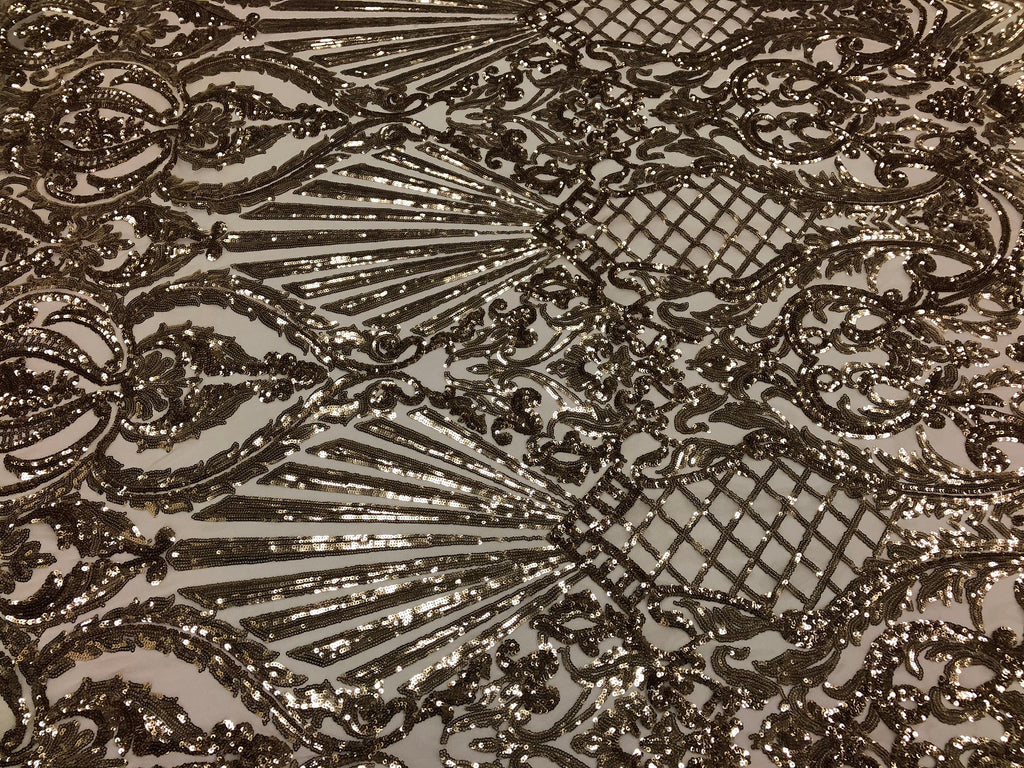 Iridescent - Champagne - 4 Way Stretch Sequins Damask Pattern Fabric  - Sold By The Yard