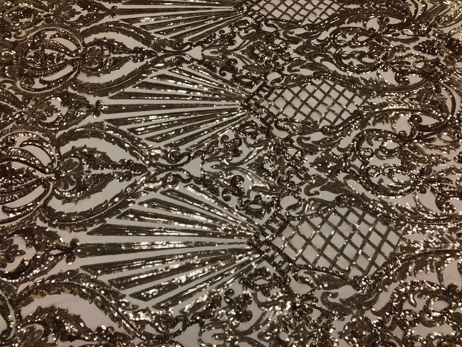 Iridescent - Champagne - 4 Way Stretch Sequins Damask Pattern Fabric  - Sold By The Yard