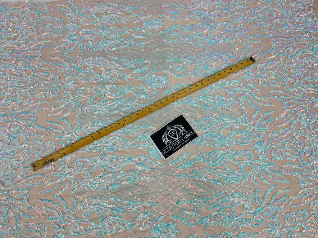 4 Way Stretch Fabric - Iridescent Aqua/ Pink - Sequins Design on Spandex Mesh Fashion Fabric