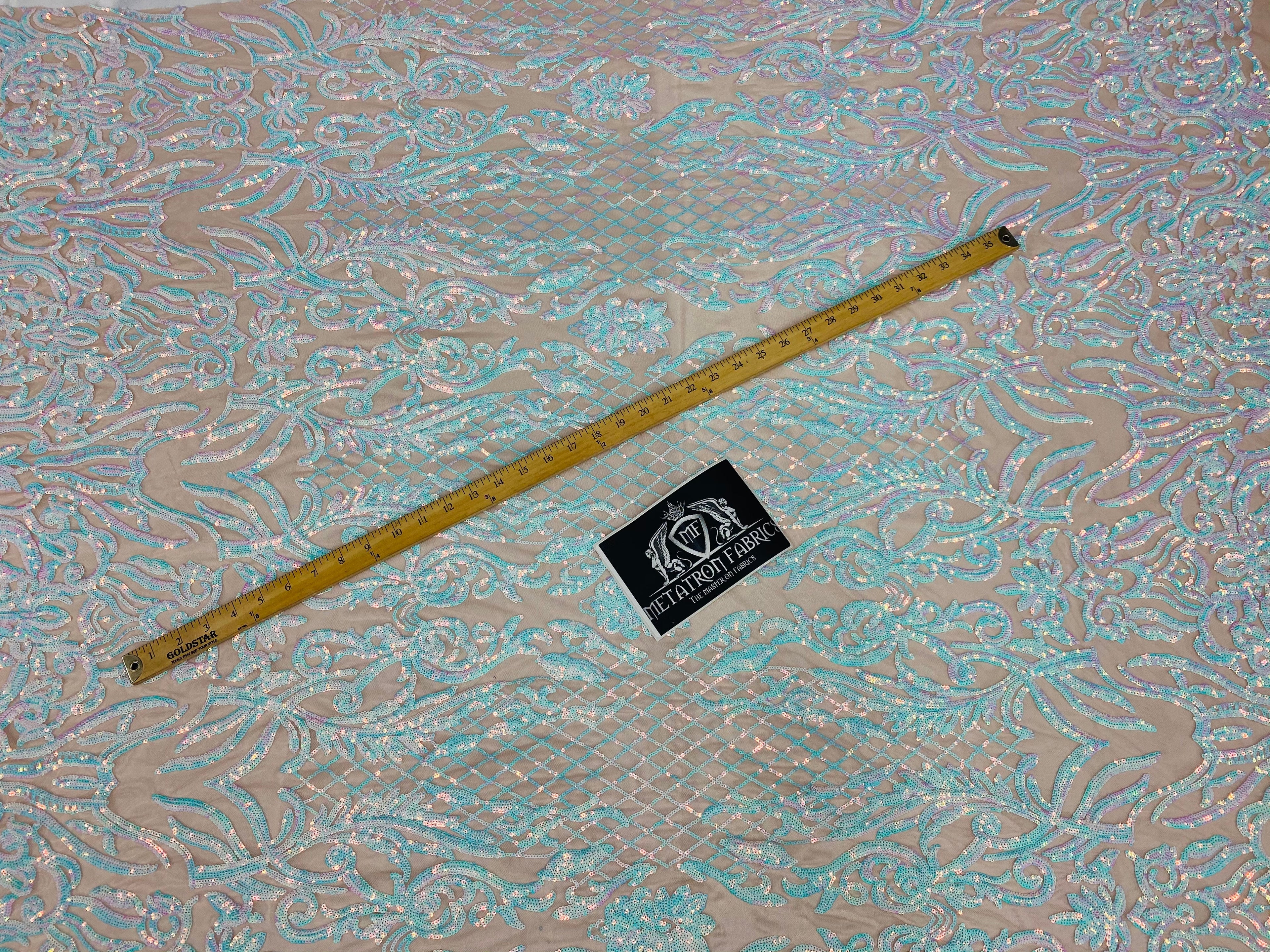 4 Way Stretch Fabric - Iridescent Aqua/ Pink - Sequins Design on Spandex Mesh Fashion Fabric