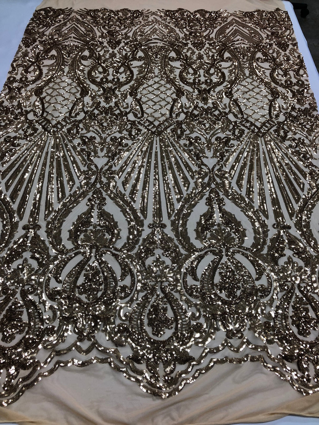 Iridescent - Champagne - 4 Way Stretch Sequins Damask Pattern Fabric  - Sold By The Yard