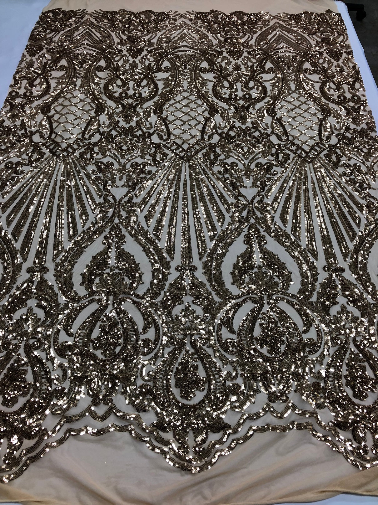 Iridescent - Champagne - 4 Way Stretch Sequins Damask Pattern Fabric  - Sold By The Yard
