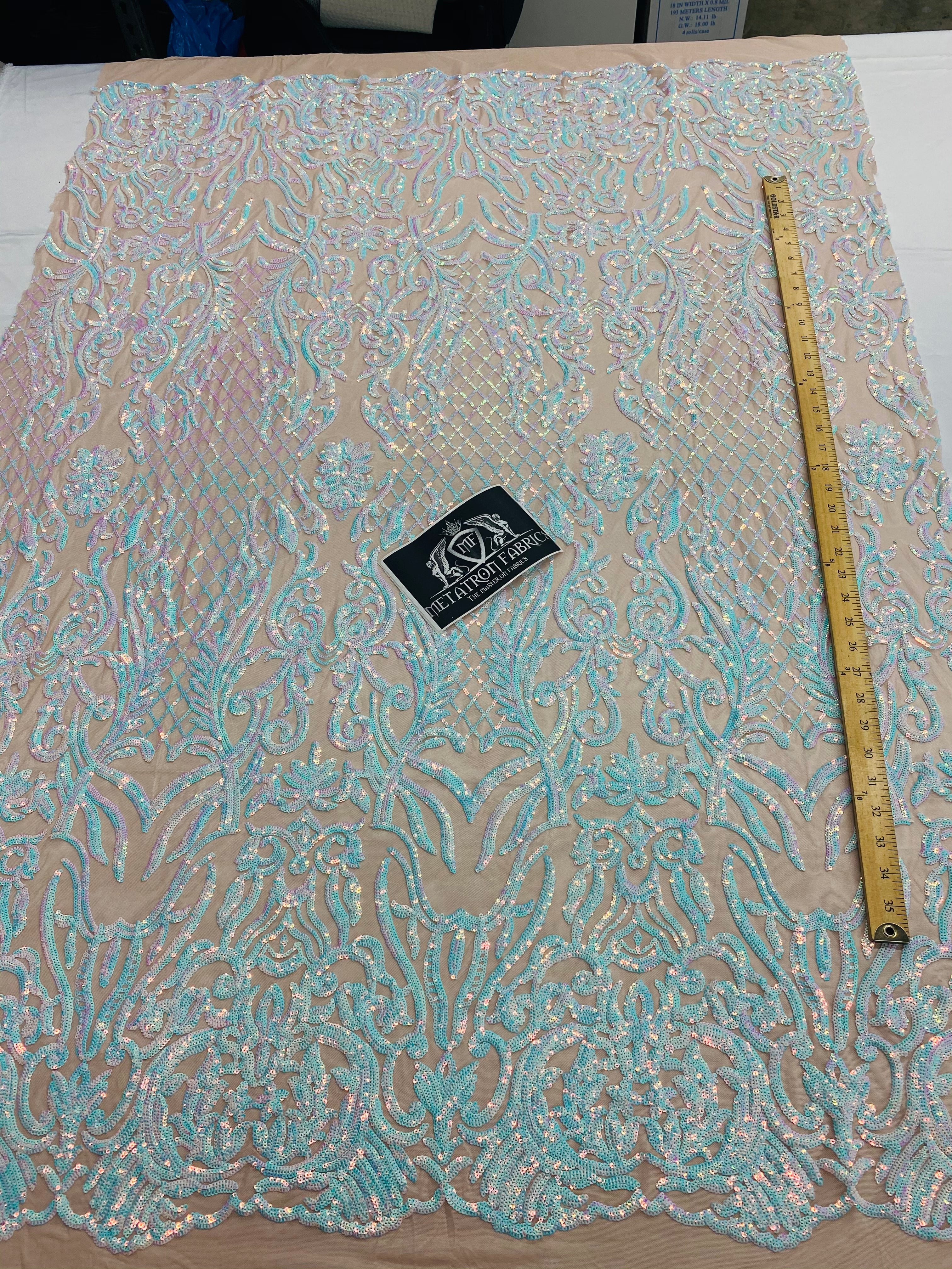 4 Way Stretch Fabric - Iridescent Aqua/ Pink - Sequins Design on Spandex Mesh Fashion Fabric