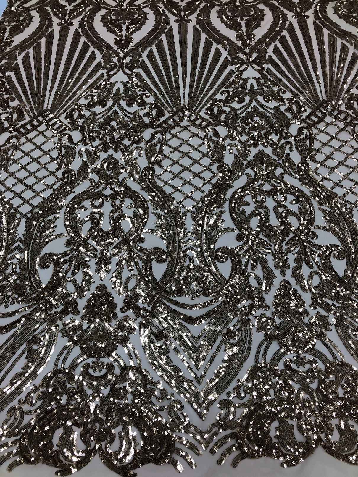 Iridescent - Champagne - 4 Way Stretch Sequins Damask Pattern Fabric  - Sold By The Yard
