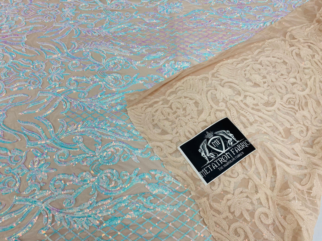 4 Way Stretch Fabric - Iridescent Aqua/ Pink - Sequins Design on Spandex Mesh Fashion Fabric