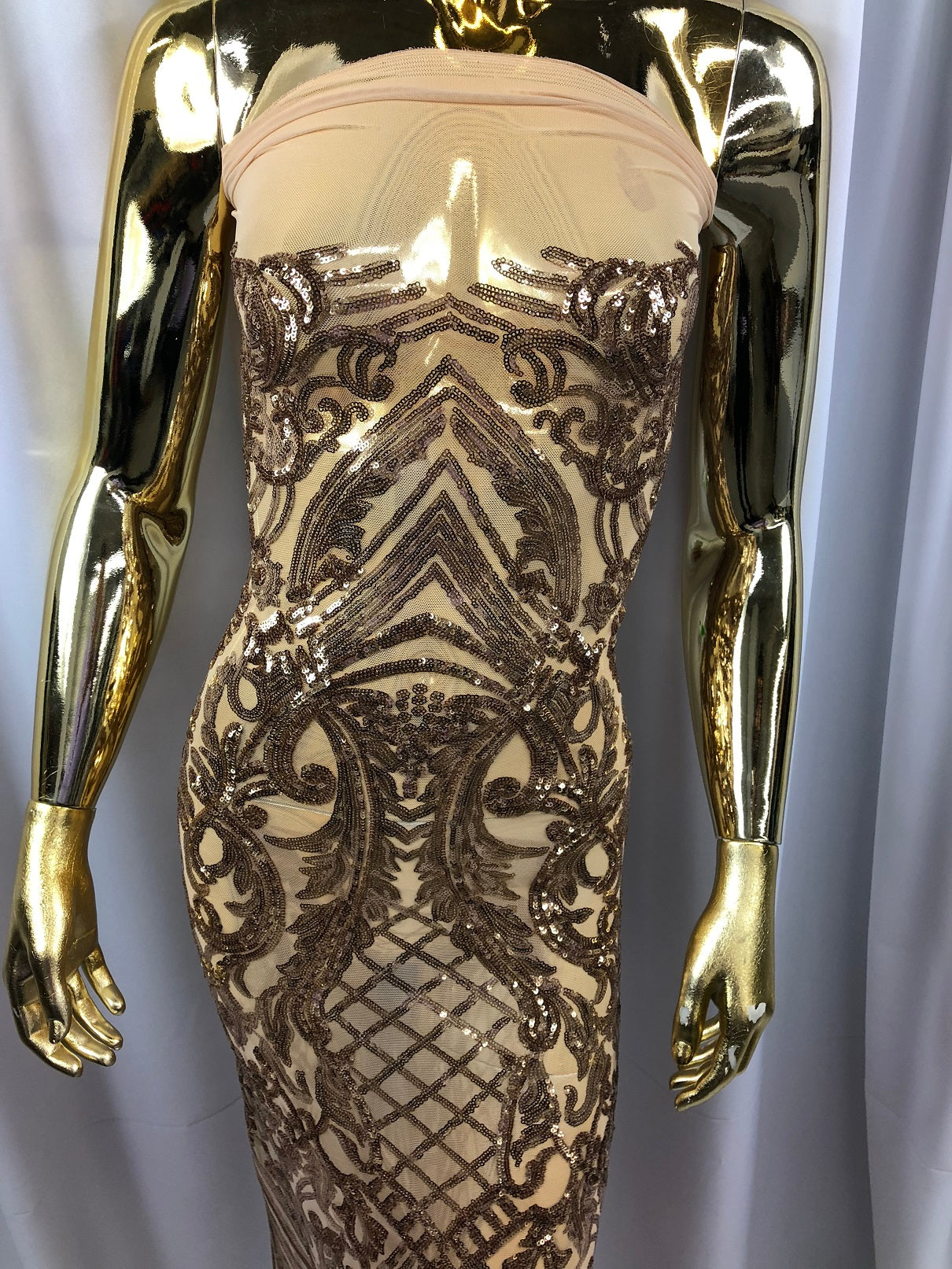 Iridescent - Champagne - 4 Way Stretch Sequins Damask Pattern Fabric  - Sold By The Yard