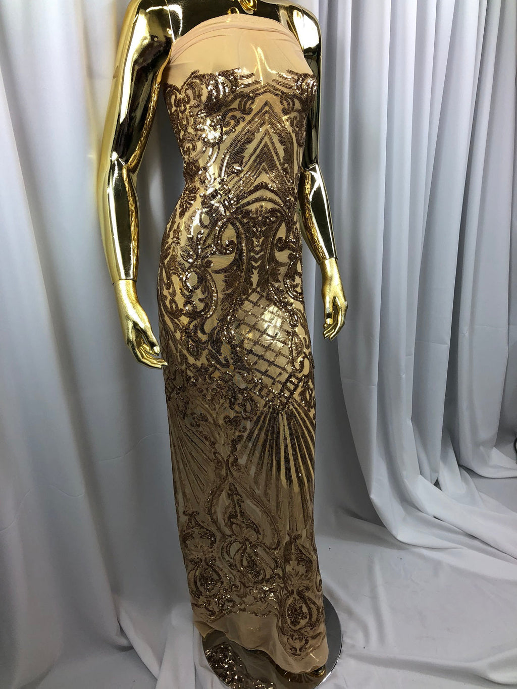 Iridescent - Champagne - 4 Way Stretch Sequins Damask Pattern Fabric  - Sold By The Yard