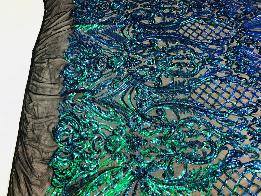 Iridescent - Blue/Green - 4 Way Stretch Sequins Damask Pattern Fabric  - Sold By The Yard