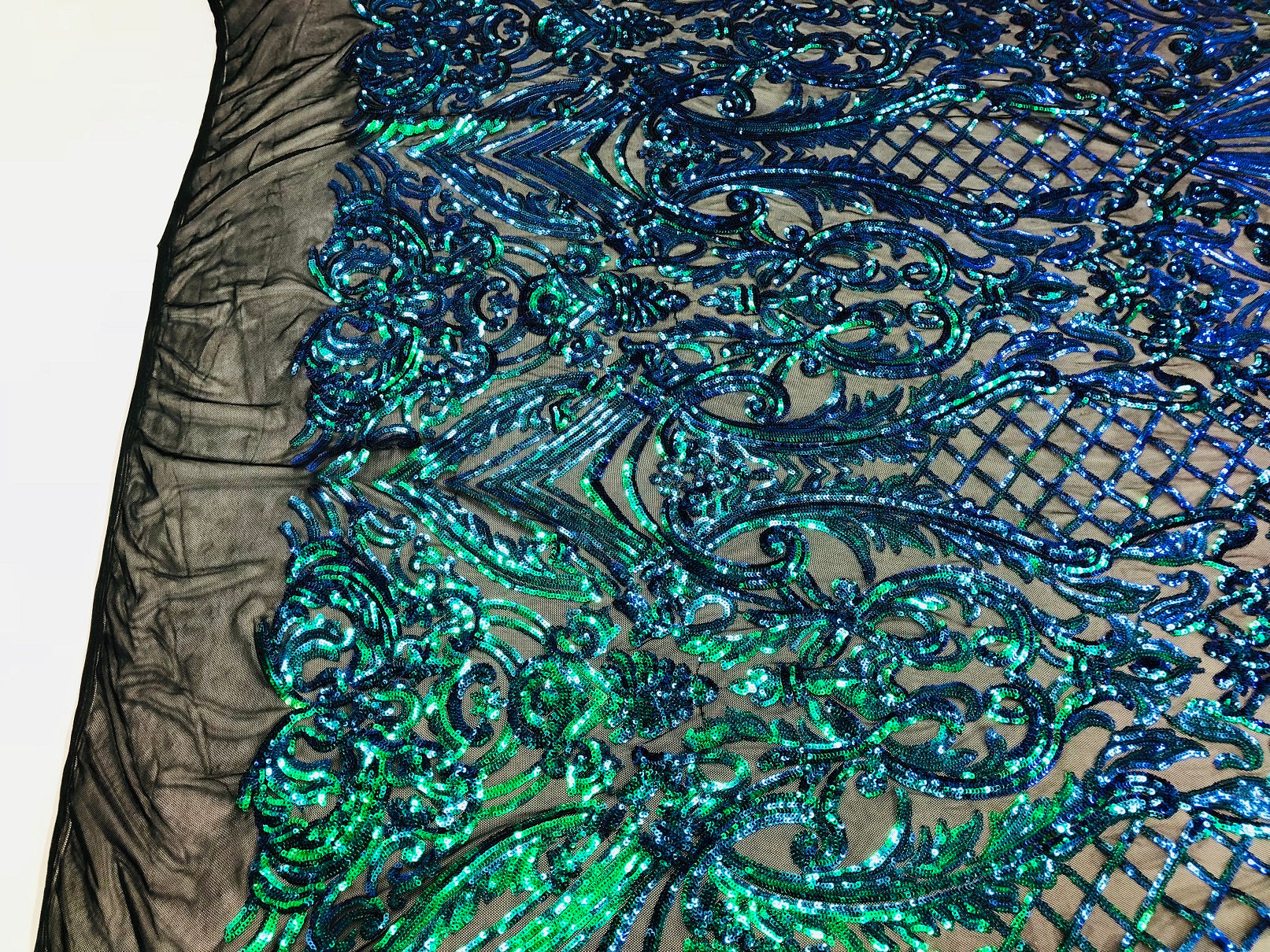 Iridescent - Blue/Green - 4 Way Stretch Sequins Damask Pattern Fabric  - Sold By The Yard