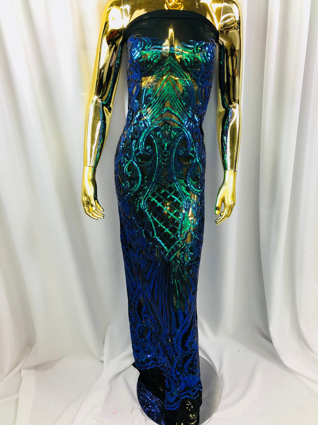 Iridescent - Blue/Green - 4 Way Stretch Sequins Damask Pattern Fabric  - Sold By The Yard