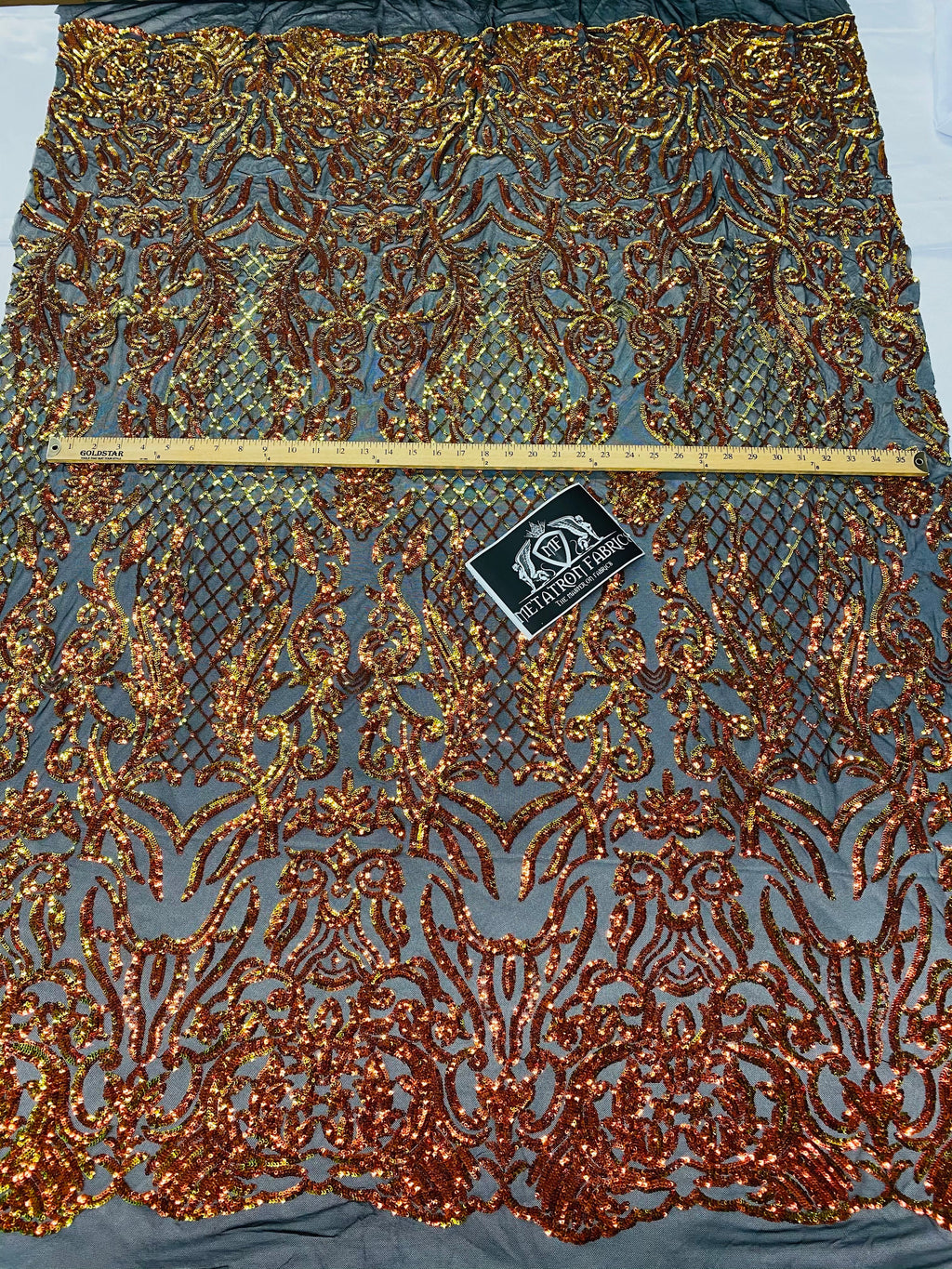 4 Way Stretch Fabric - Iridescent Orange - Sequins Design on Spandex Mesh Fashion Fabric