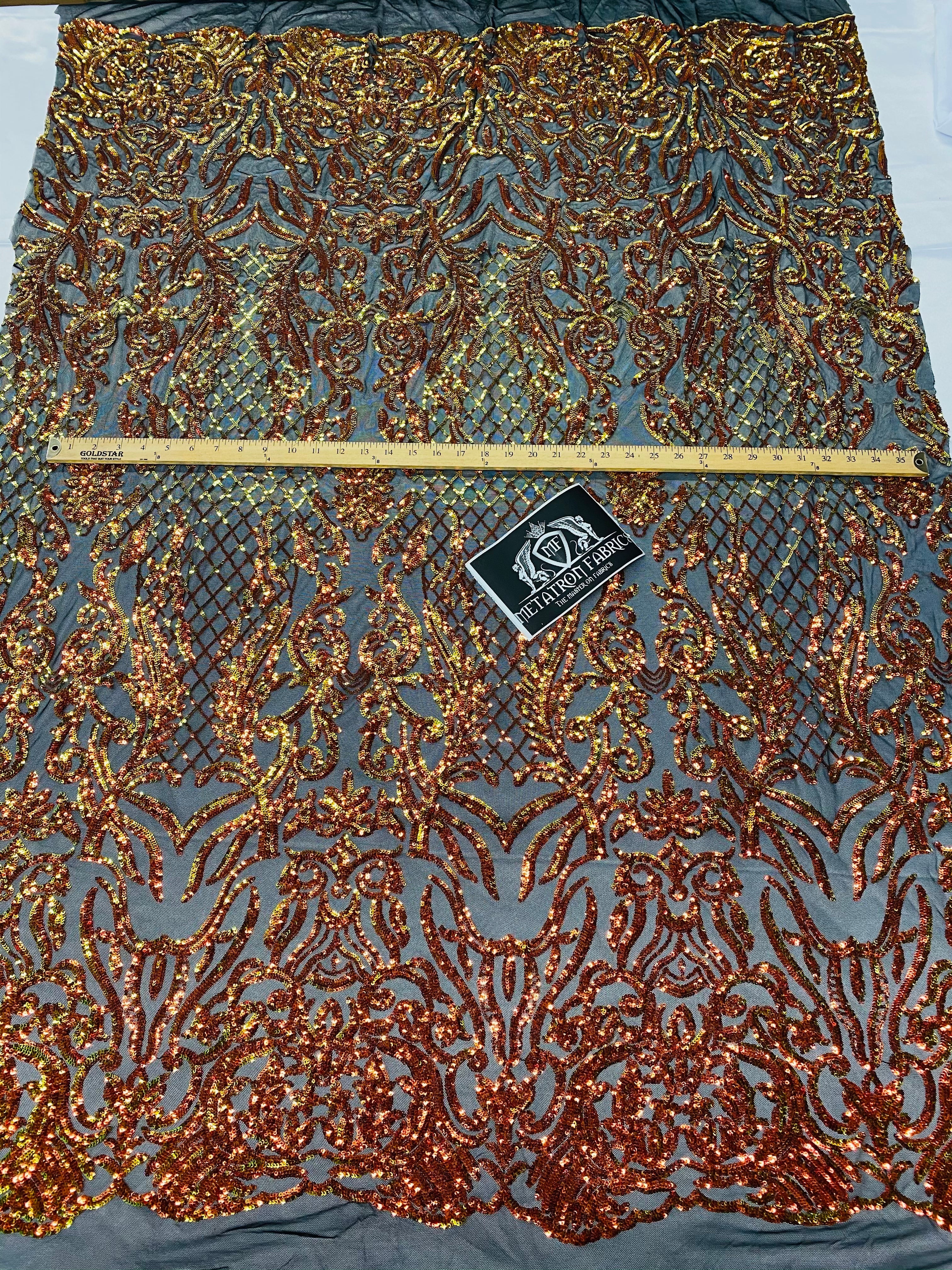 4 Way Stretch Fabric - Iridescent Orange - Sequins Design on Spandex Mesh Fashion Fabric