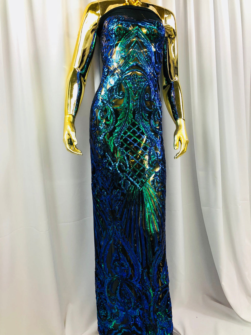 Iridescent - Blue/Green - 4 Way Stretch Sequins Damask Pattern Fabric  - Sold By The Yard