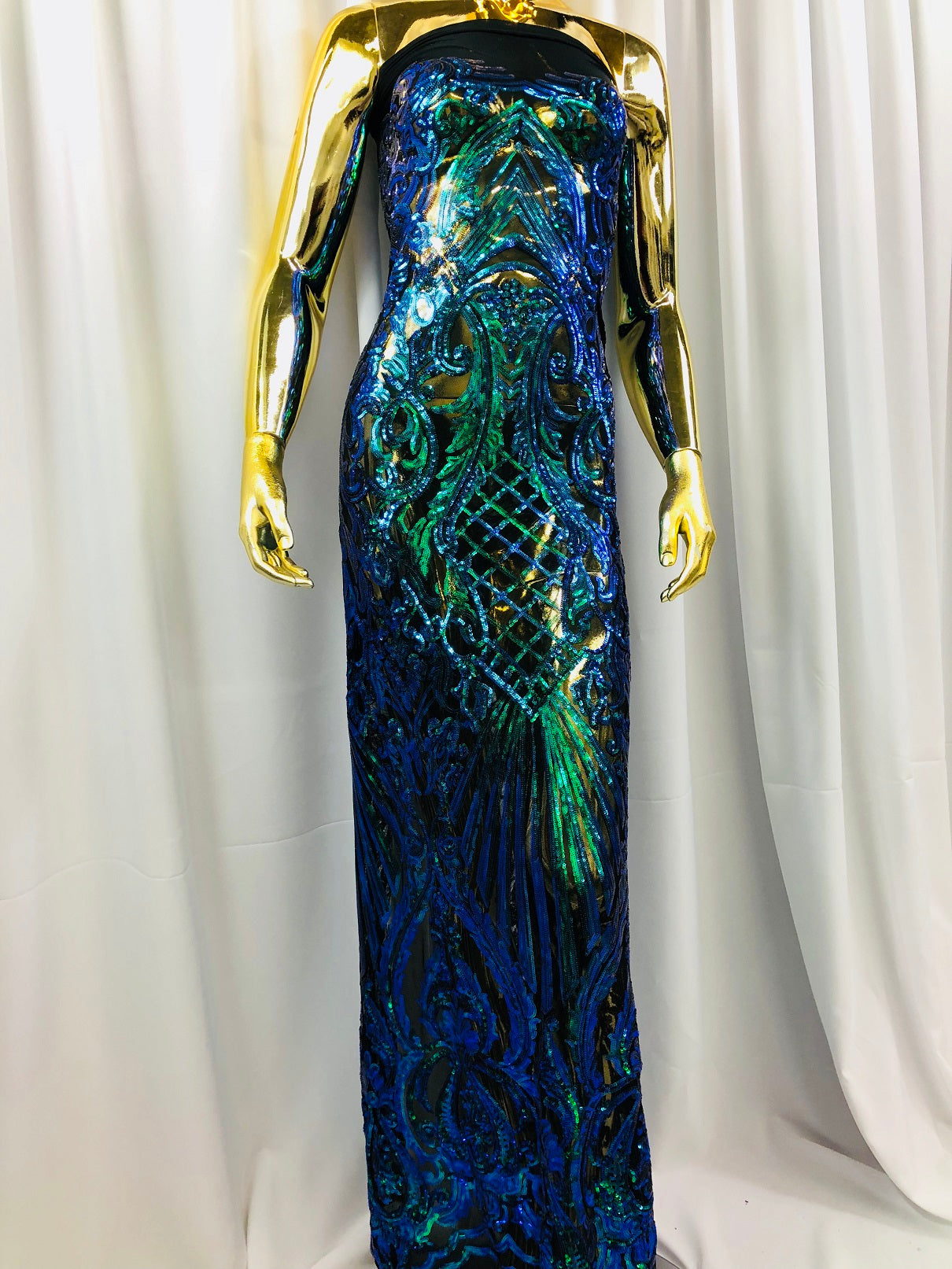 Iridescent - Blue/Green - 4 Way Stretch Sequins Damask Pattern Fabric  - Sold By The Yard