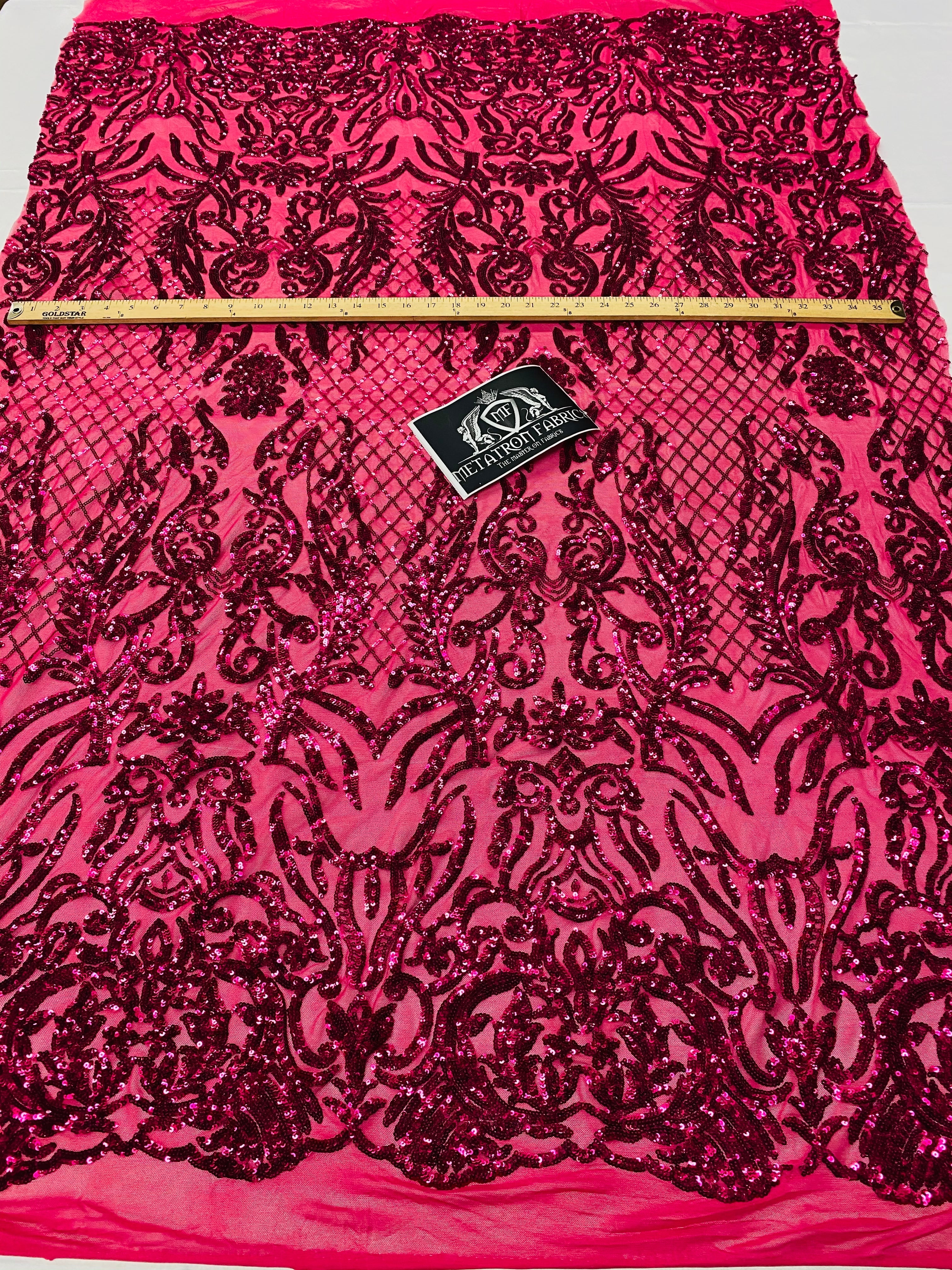 4 Way Stretch Fabric - Fuschia - Sequins Design on Spandex Mesh Fashion Fabric