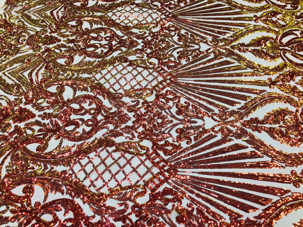 Iridescent - Orange Nude - 4 Way Stretch Sequins Damask Pattern Fabric By Yard