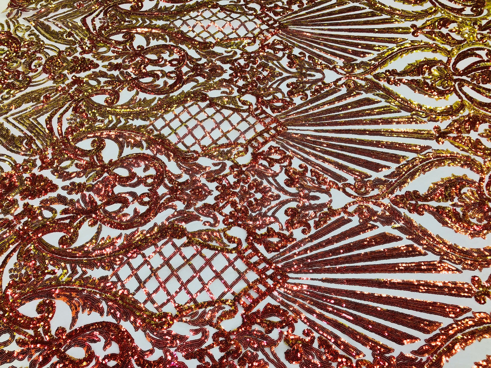 Iridescent - Orange Nude - 4 Way Stretch Sequins Damask Pattern Fabric By Yard