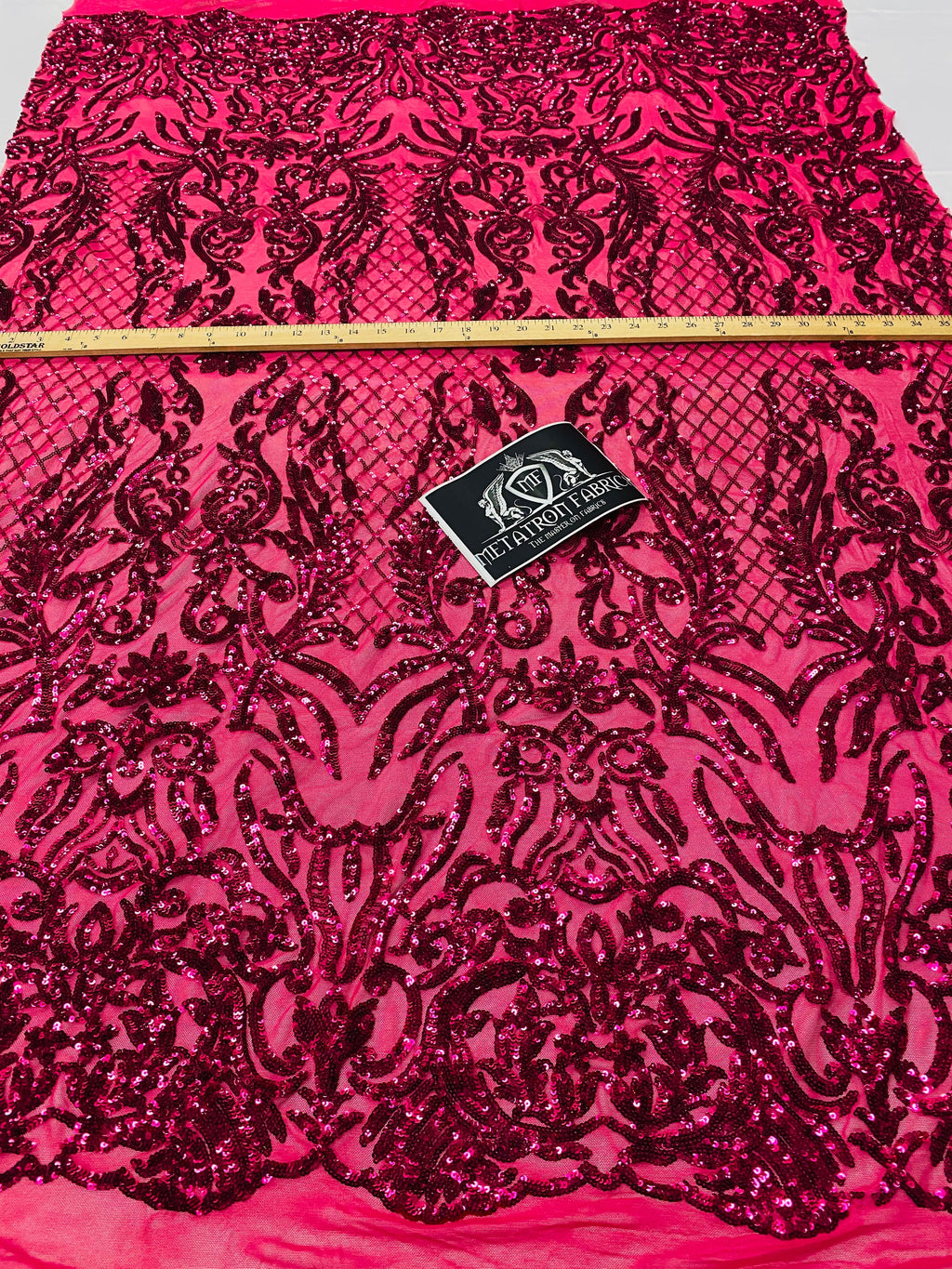 4 Way Stretch Fabric - Fuschia - Sequins Design on Spandex Mesh Fashion Fabric