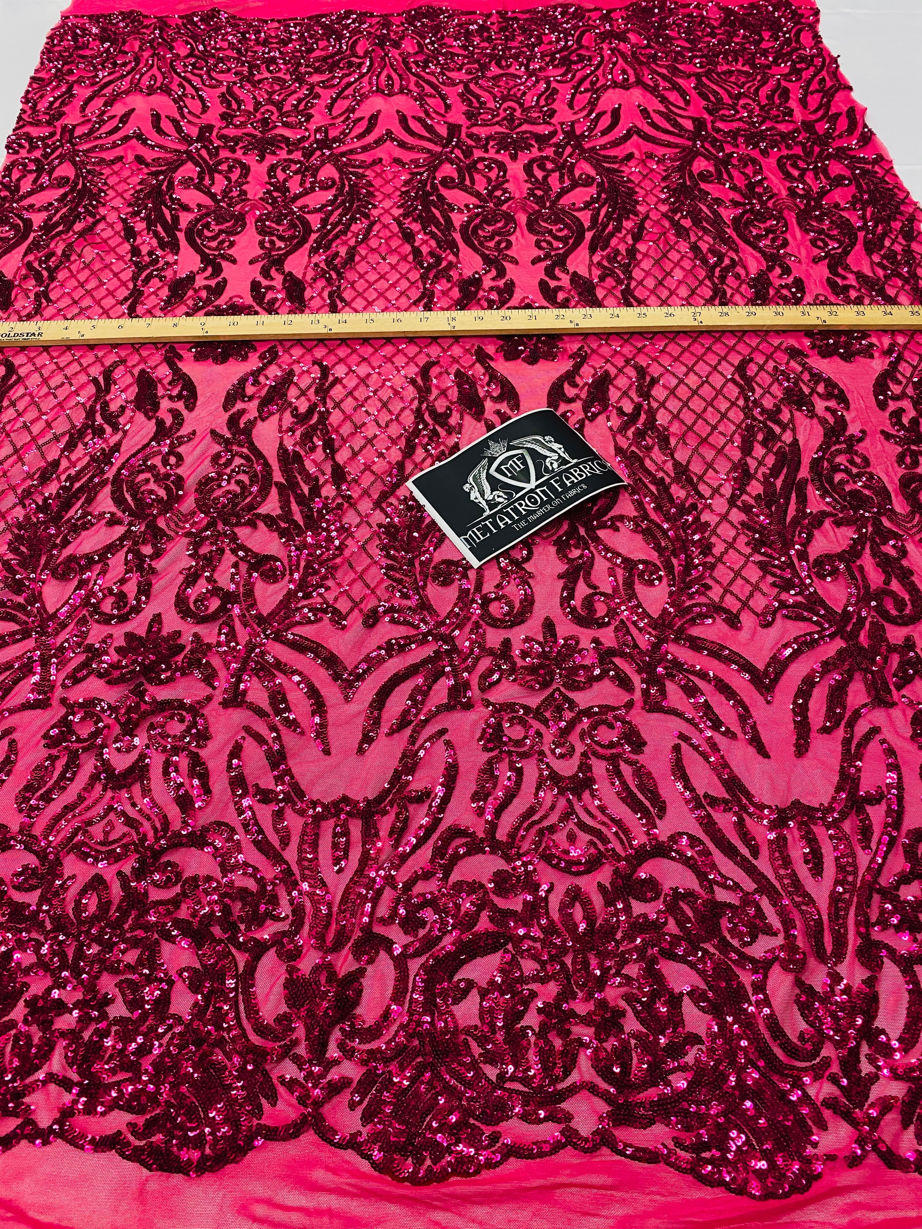 4 Way Stretch Fabric - Fuschia - Sequins Design on Spandex Mesh Fashion Fabric