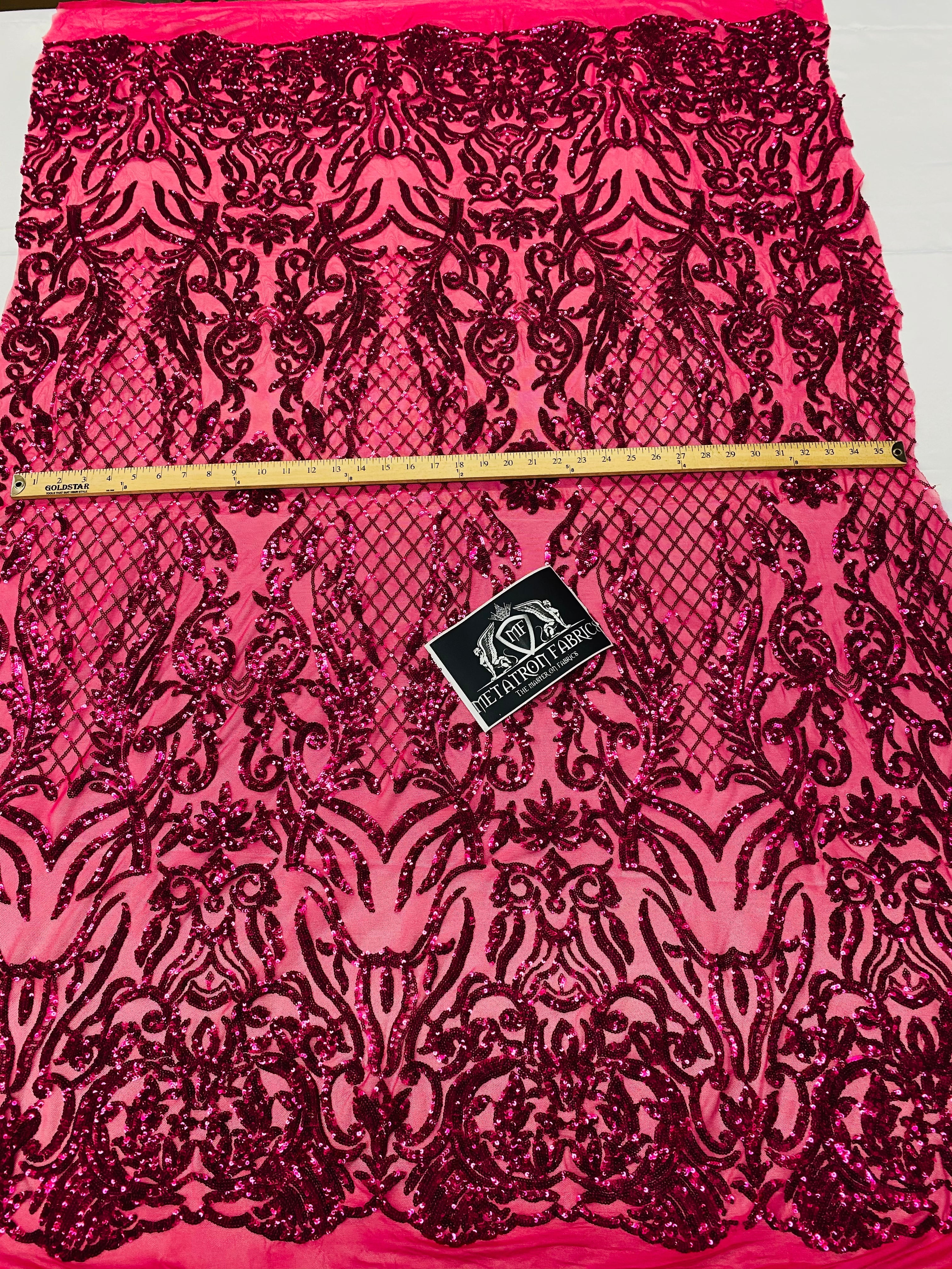4 Way Stretch Fabric - Fuschia - Sequins Design on Spandex Mesh Fashion Fabric