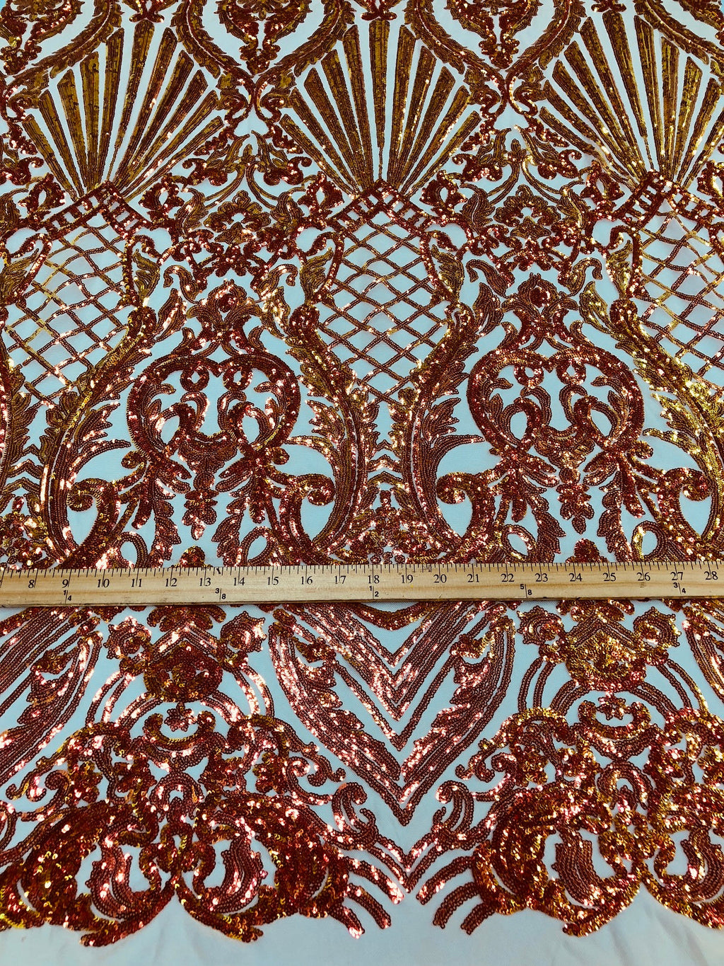 Iridescent - Orange Nude - 4 Way Stretch Sequins Damask Pattern Fabric By Yard