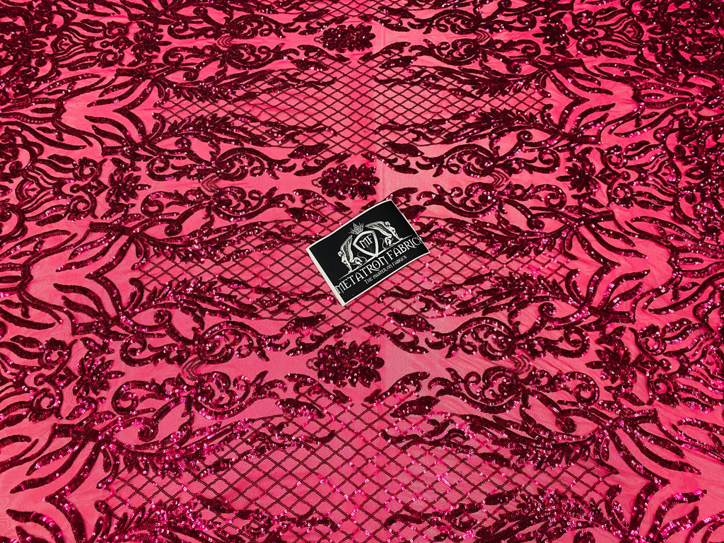4 Way Stretch Fabric - Fuschia - Sequins Design on Spandex Mesh Fashion Fabric
