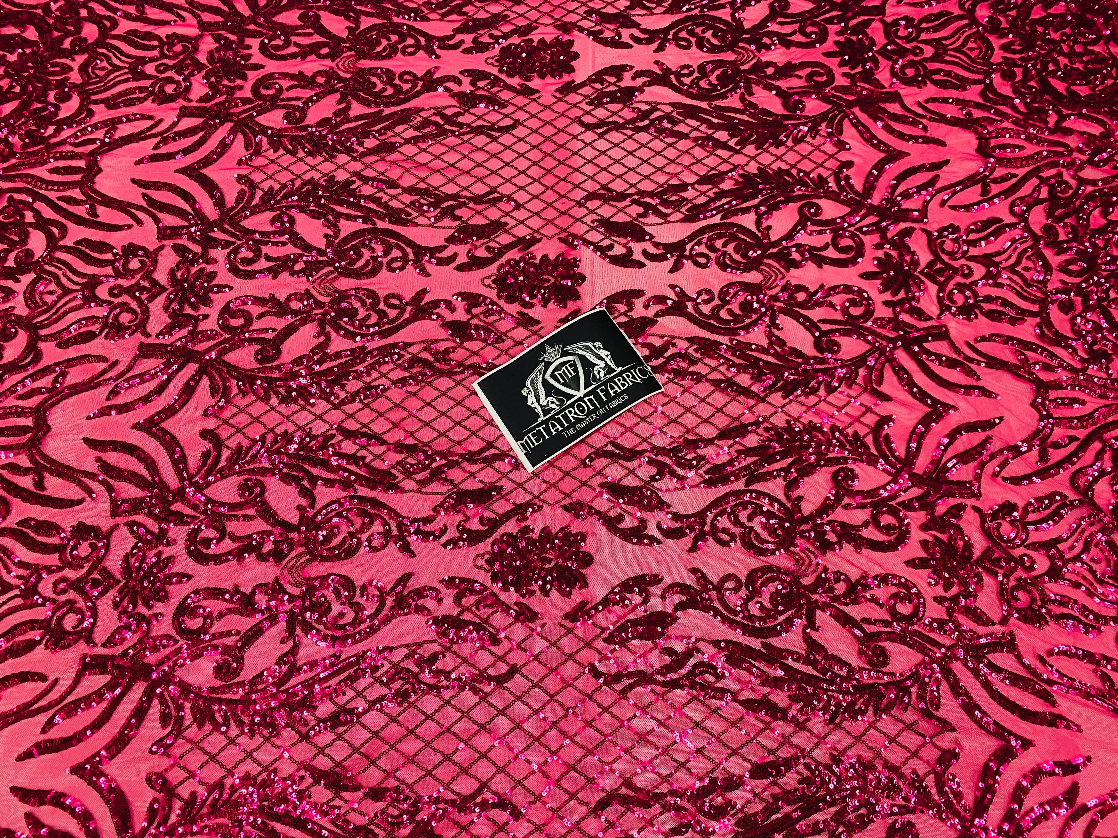 4 Way Stretch Fabric - Fuschia - Sequins Design on Spandex Mesh Fashion Fabric