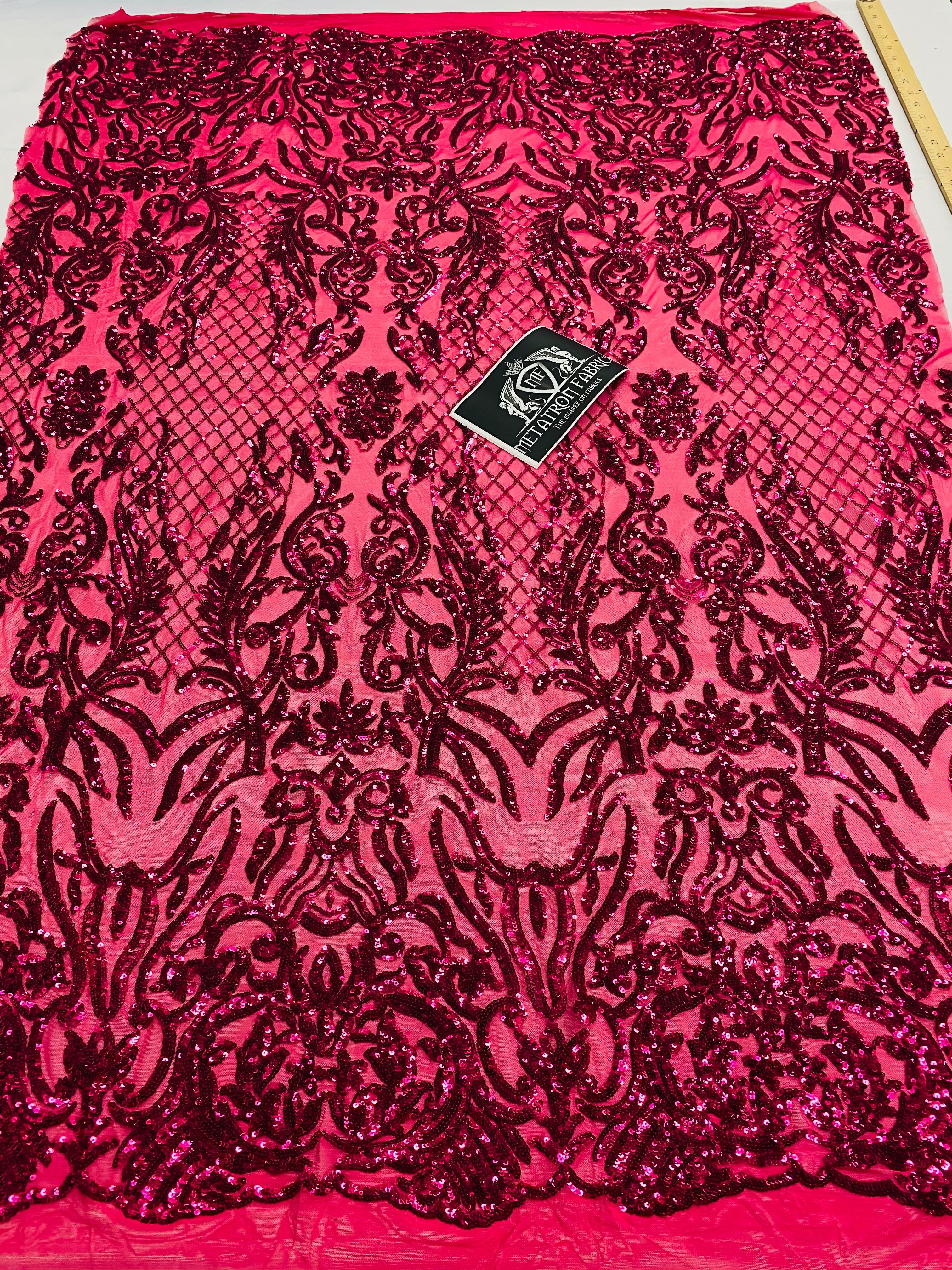 4 Way Stretch Fabric - Fuschia - Sequins Design on Spandex Mesh Fashion Fabric