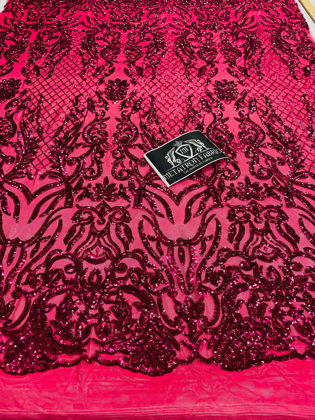 4 Way Stretch Fabric - Fuschia - Sequins Design on Spandex Mesh Fashion Fabric