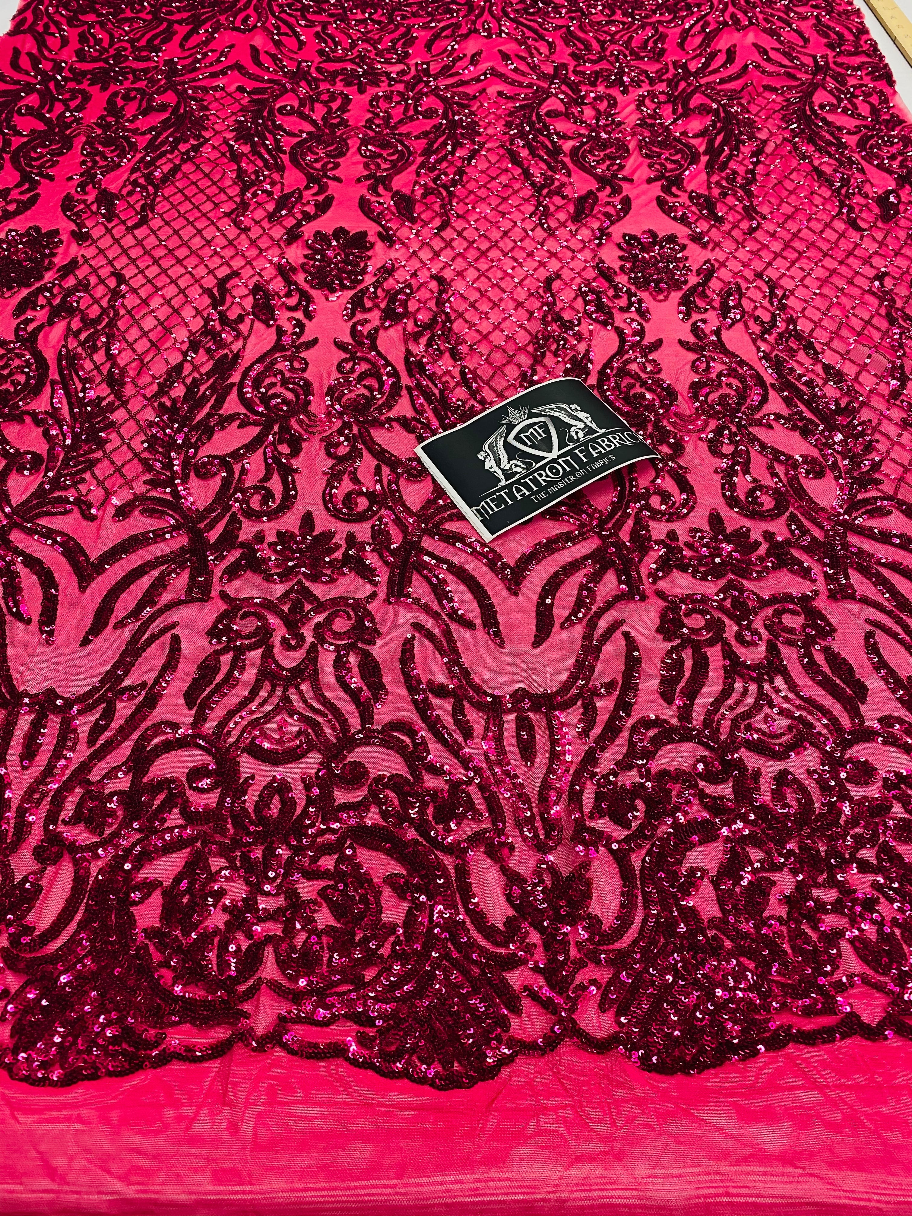 4 Way Stretch Fabric - Fuschia - Sequins Design on Spandex Mesh Fashion Fabric