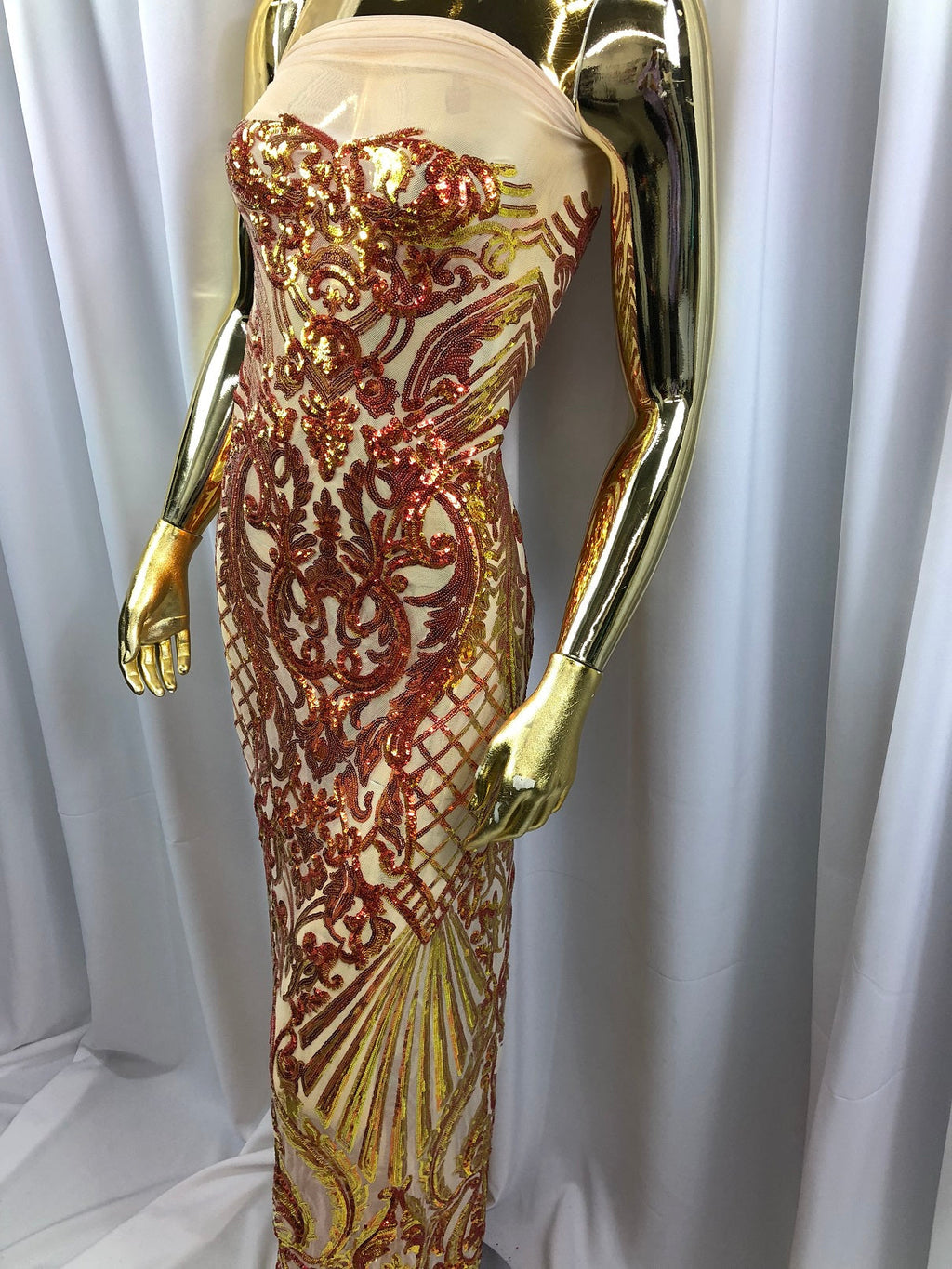 Iridescent - Orange Nude - 4 Way Stretch Sequins Damask Pattern Fabric By Yard