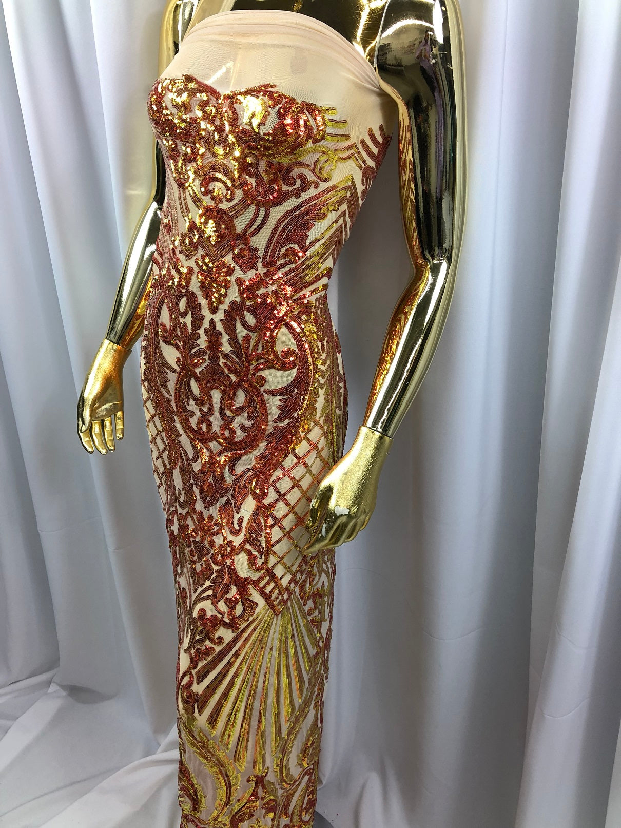 Iridescent - Orange Nude - 4 Way Stretch Sequins Damask Pattern Fabric By Yard
