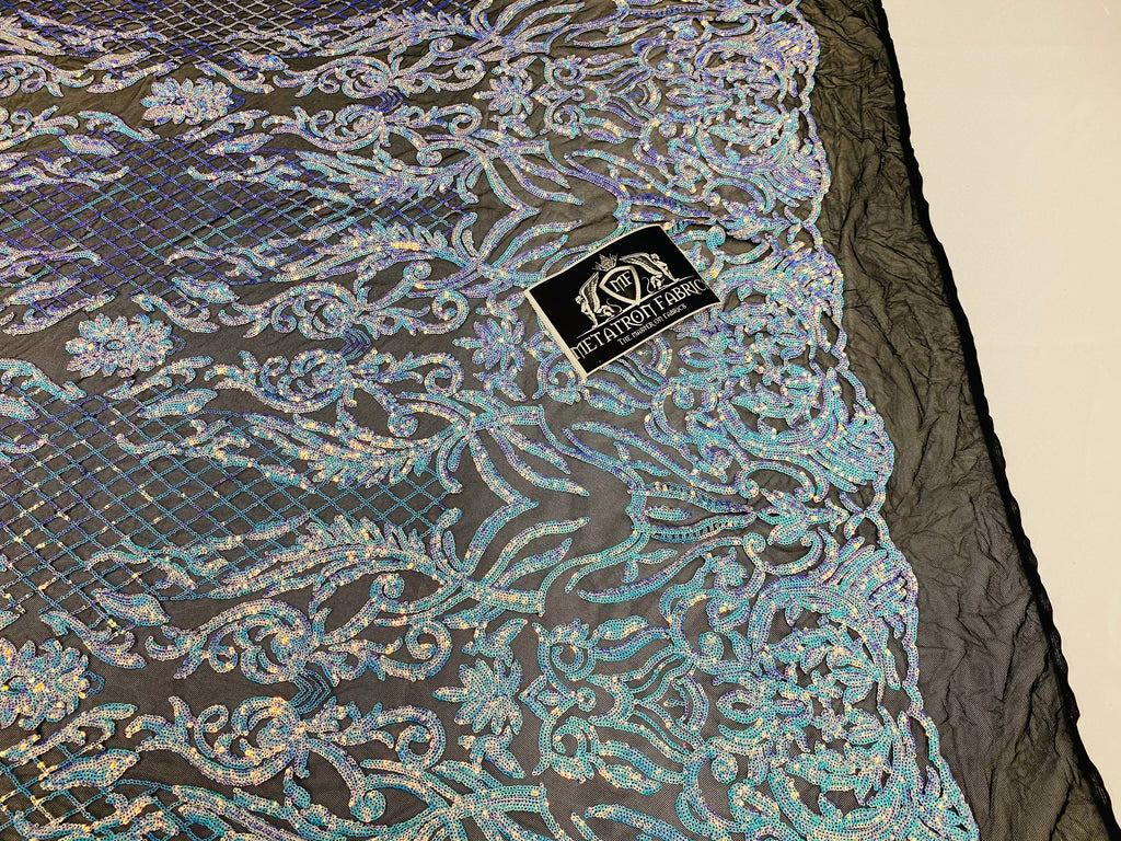 4 Way Stretch Fabric - Iridescent Aqua - Sequins Design on BLACK Spandex Mesh Fashion Fabric