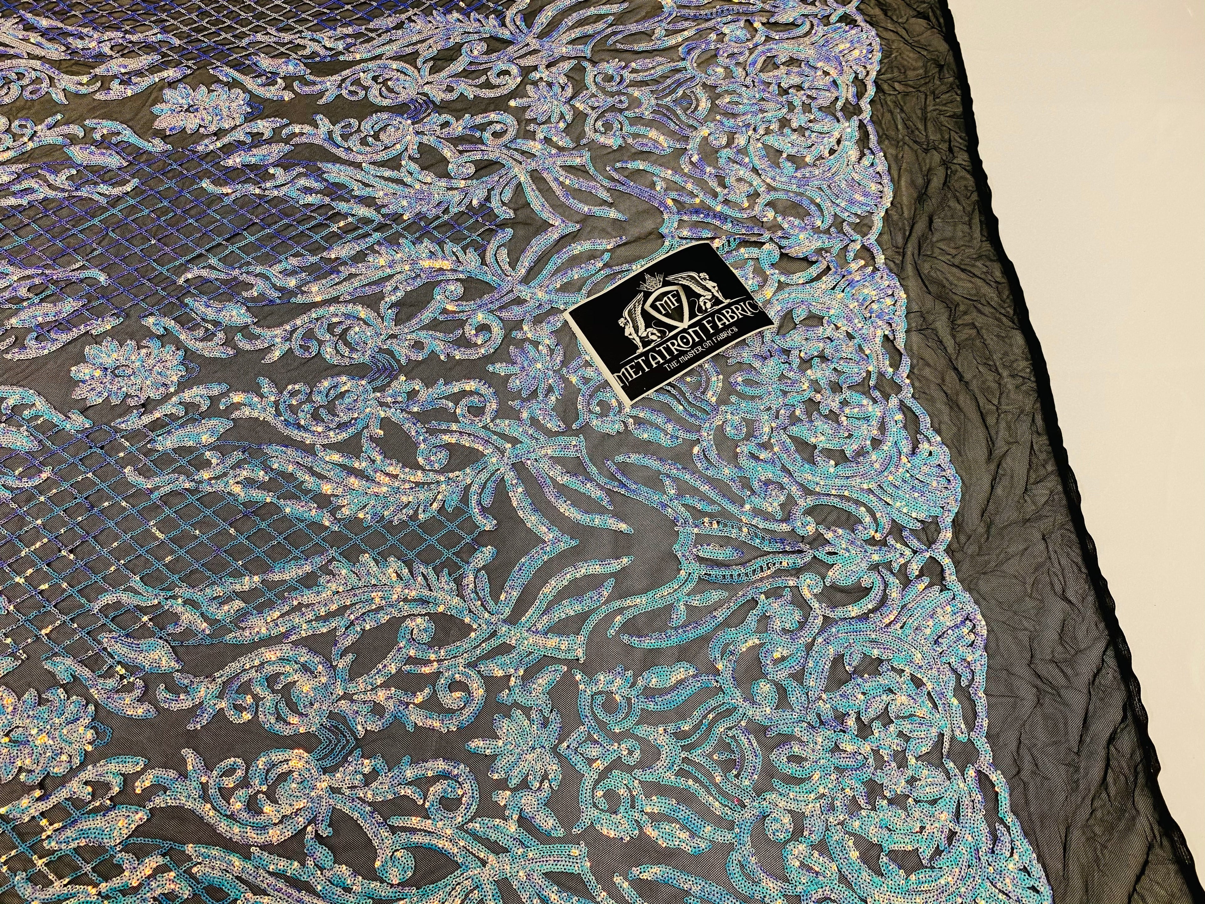 4 Way Stretch Fabric - Iridescent Aqua - Sequins Design on BLACK Spandex Mesh Fashion Fabric