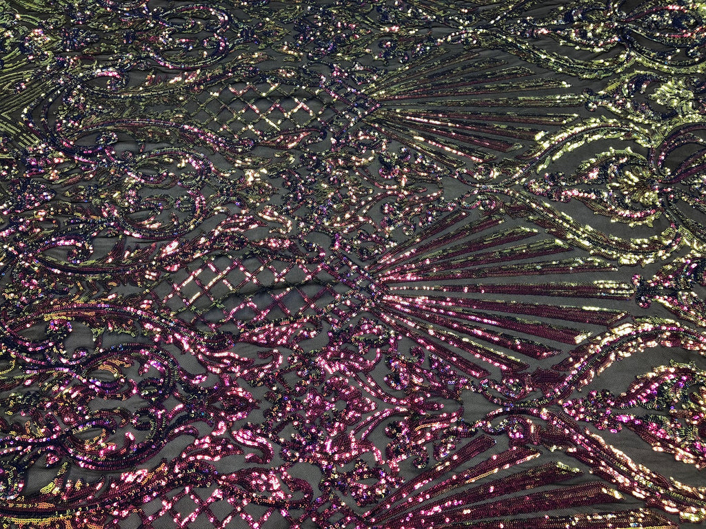 Iridescent - Magenta Rainbow - 4 Way Stretch Sequins Damask Pattern Fabric  - Sold By The Yard