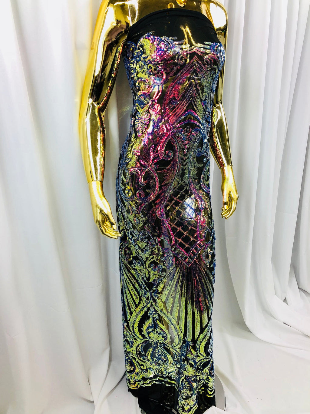 Iridescent - Magenta Rainbow - 4 Way Stretch Sequins Damask Pattern Fabric  - Sold By The Yard