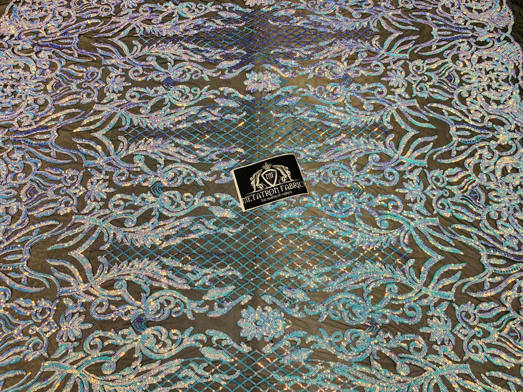 4 Way Stretch Fabric - Iridescent Aqua - Sequins Design on BLACK Spandex Mesh Fashion Fabric