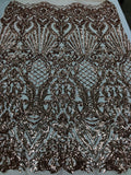 Iridescent - Rose Gold - 4 Way Stretch Sequins Damask Pattern Fabric  - Sold By The Yard