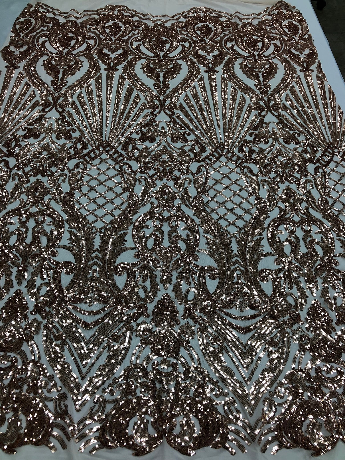 Iridescent - Rose Gold - 4 Way Stretch Sequins Damask Pattern Fabric  - Sold By The Yard