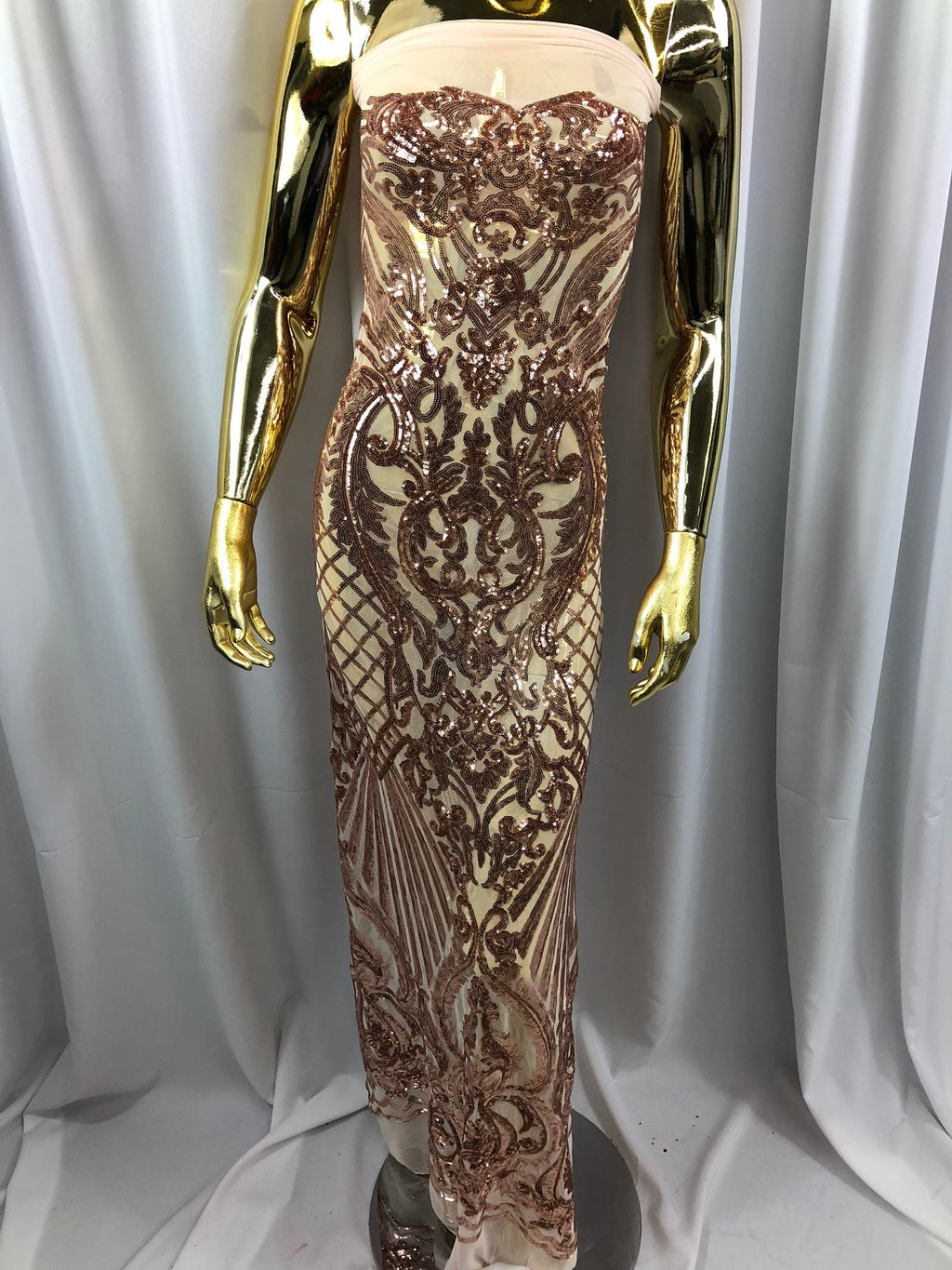 Iridescent - Rose Gold - 4 Way Stretch Sequins Damask Pattern Fabric  - Sold By The Yard