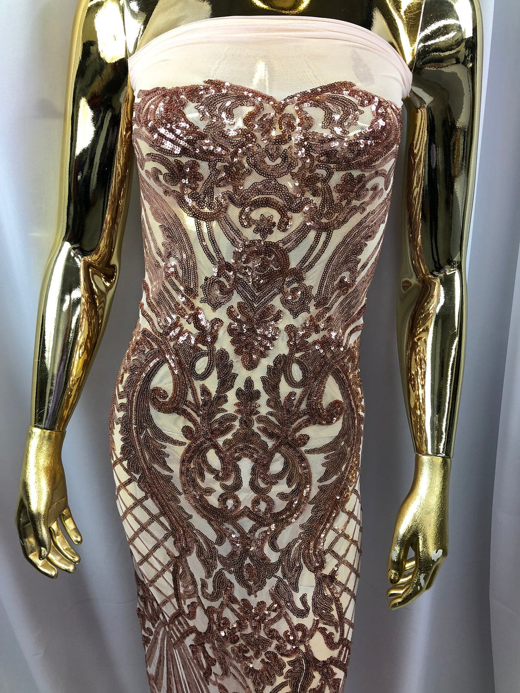 Iridescent - Rose Gold - 4 Way Stretch Sequins Damask Pattern Fabric  - Sold By The Yard