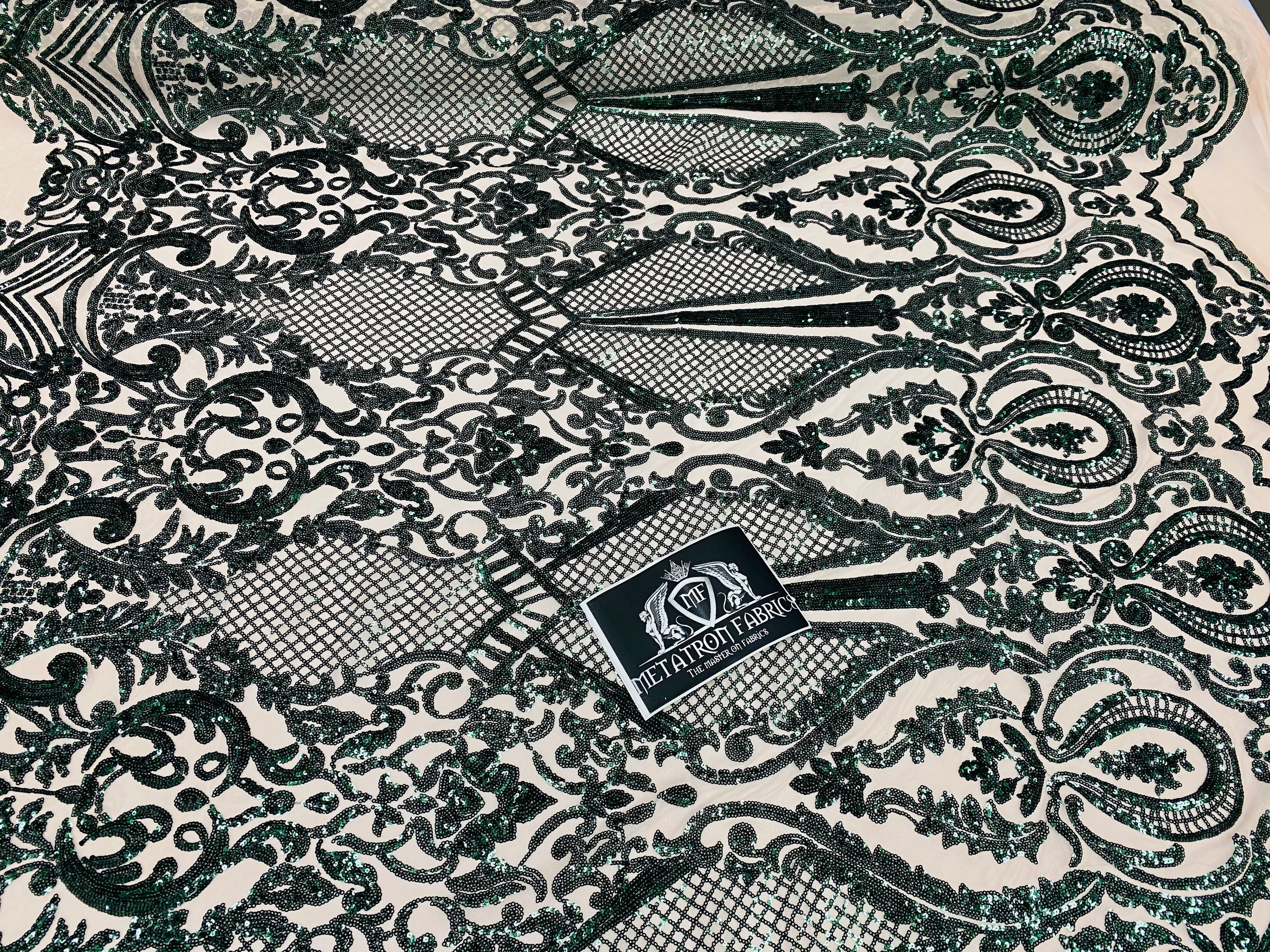 4 Way Stretch Fabric - Hunter Green - Damask Sequins Vintage Design on Nude Spandex Mesh Trend Fabric